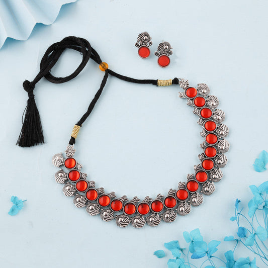 Tehzeeb Creations Silver Plated Orange Colour Stone Jewellery Choker Necklace Set With Matching Pair of Stud Earrings Tehzeeb Creations