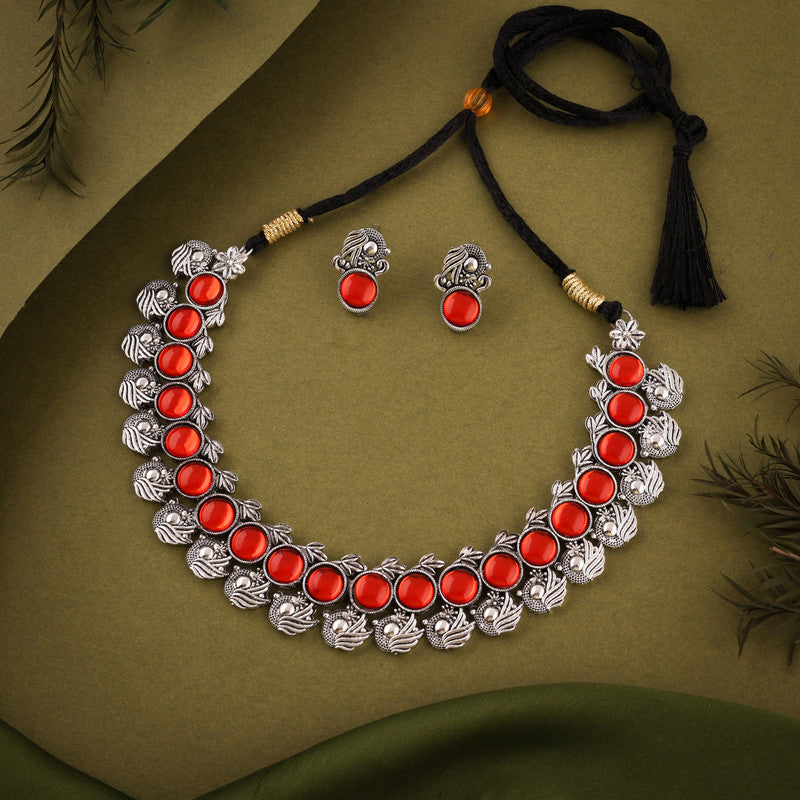 Tehzeeb Creations Silver Plated Orange Colour Stone Jewellery Choker Necklace Set With Matching Pair of Stud Earrings Tehzeeb Creations
