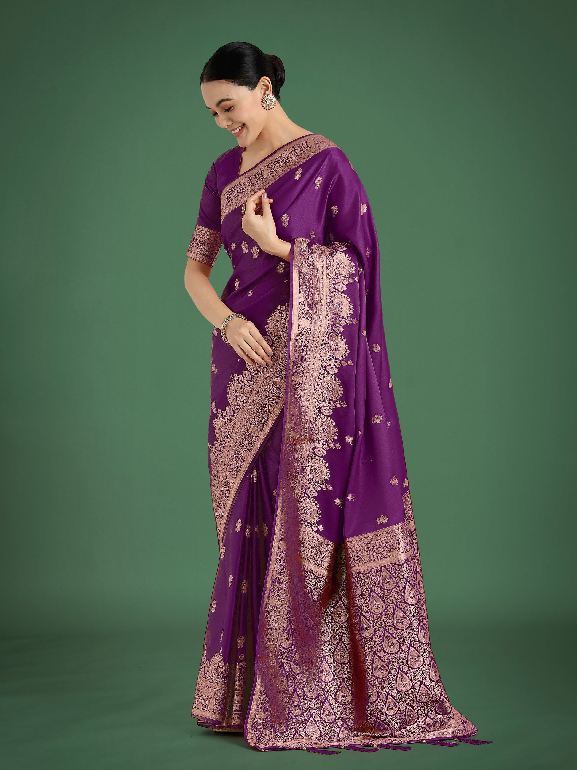 Monjolika Fashion Purple With Gold Bordar Banarasi Woven Satin Saree | Swadesiicart