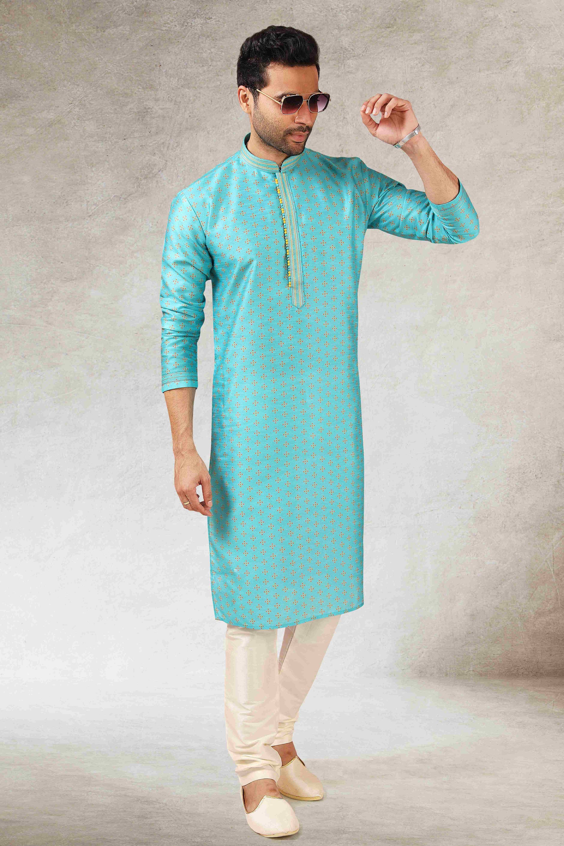 Raivat Ethnic Art Silk Printed Work Kurta Pajama In Sky Blue Colour