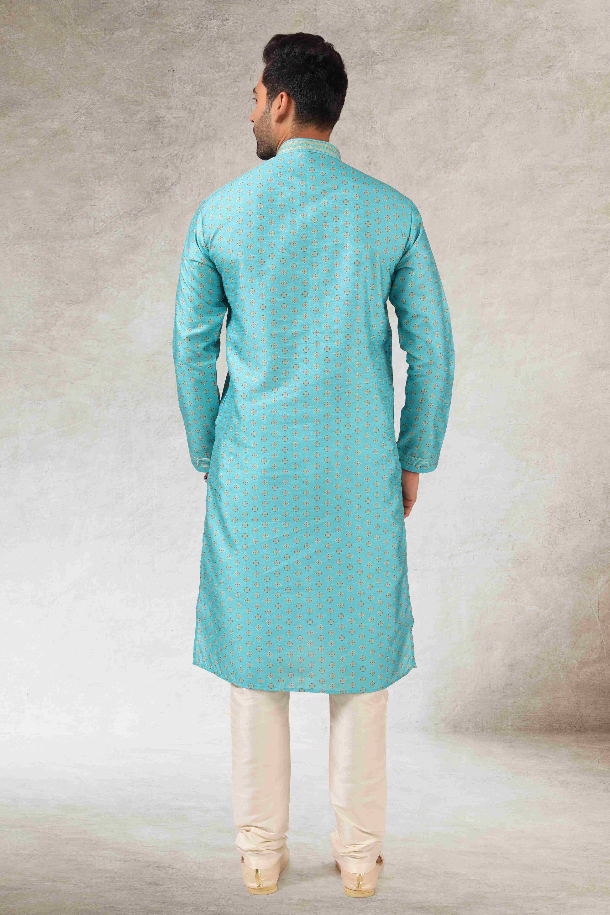 Raivat Ethnic Art Silk Printed Work Kurta Pajama In Sky Blue Colour
