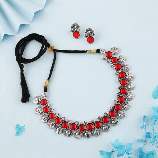 Tehzeeb Creations Silver Plated Red Colour Stone Jewellery Choker Necklace Set With Matching Pair of Stud Earrings