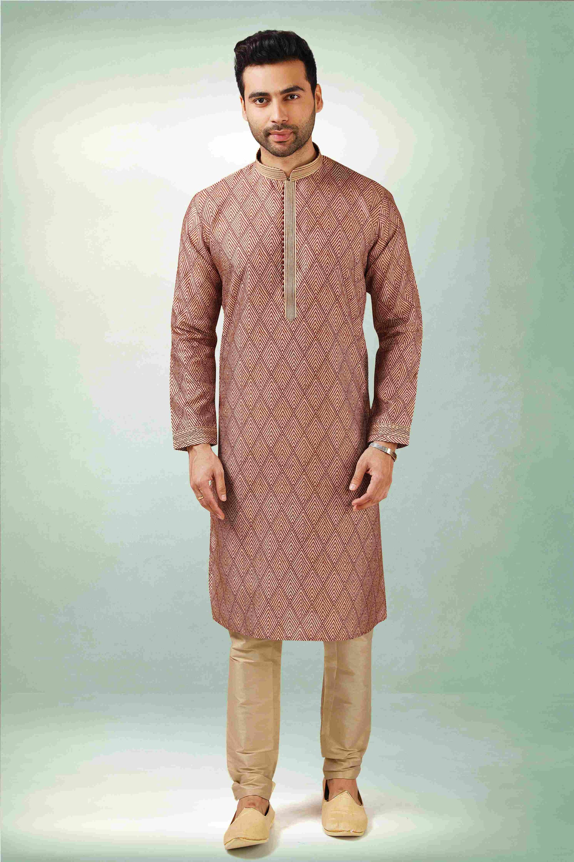 Raivat Ethnic Art Silk Printed Work Kurta Pajama In Maroon Colour