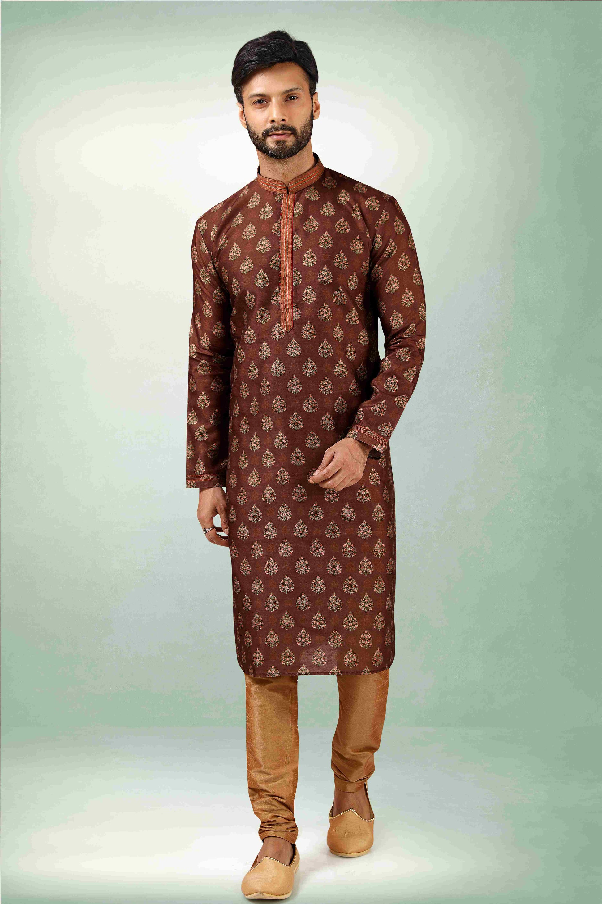 Raivat Ethnic Art Silk Printed Work Kurta Pajama In Brown Colour