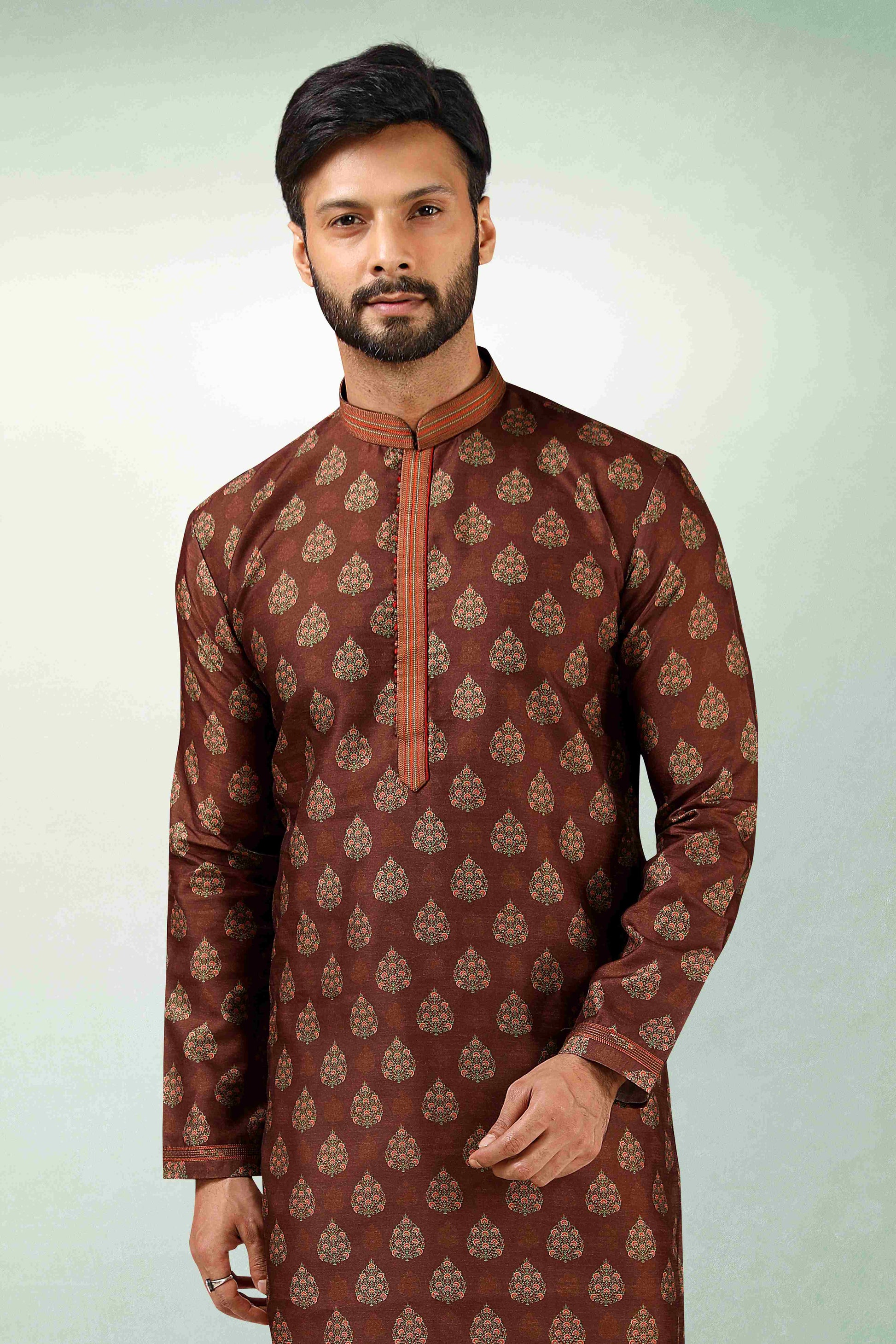 Raivat Ethnic Art Silk Printed Work Kurta Pajama In Brown Colour