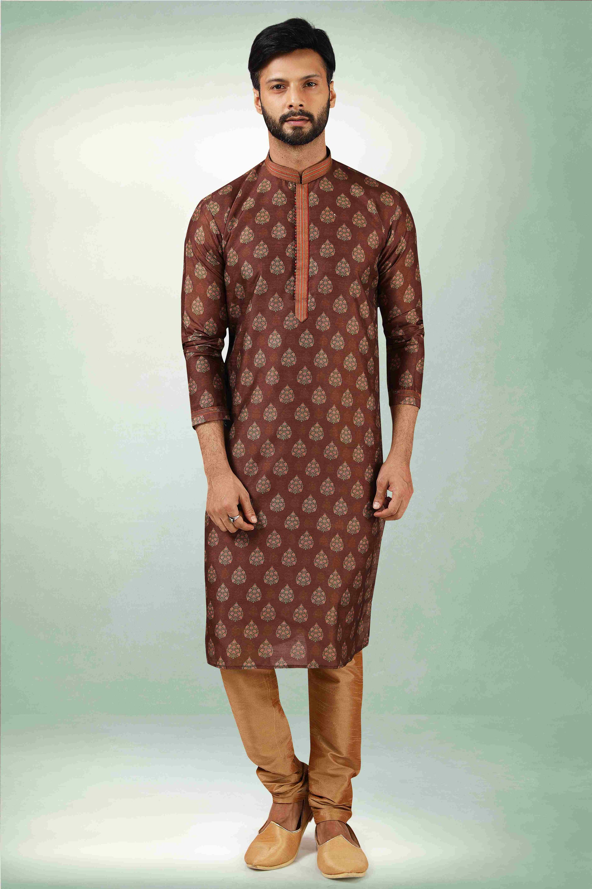 Raivat Ethnic Art Silk Printed Work Kurta Pajama In Brown Colour