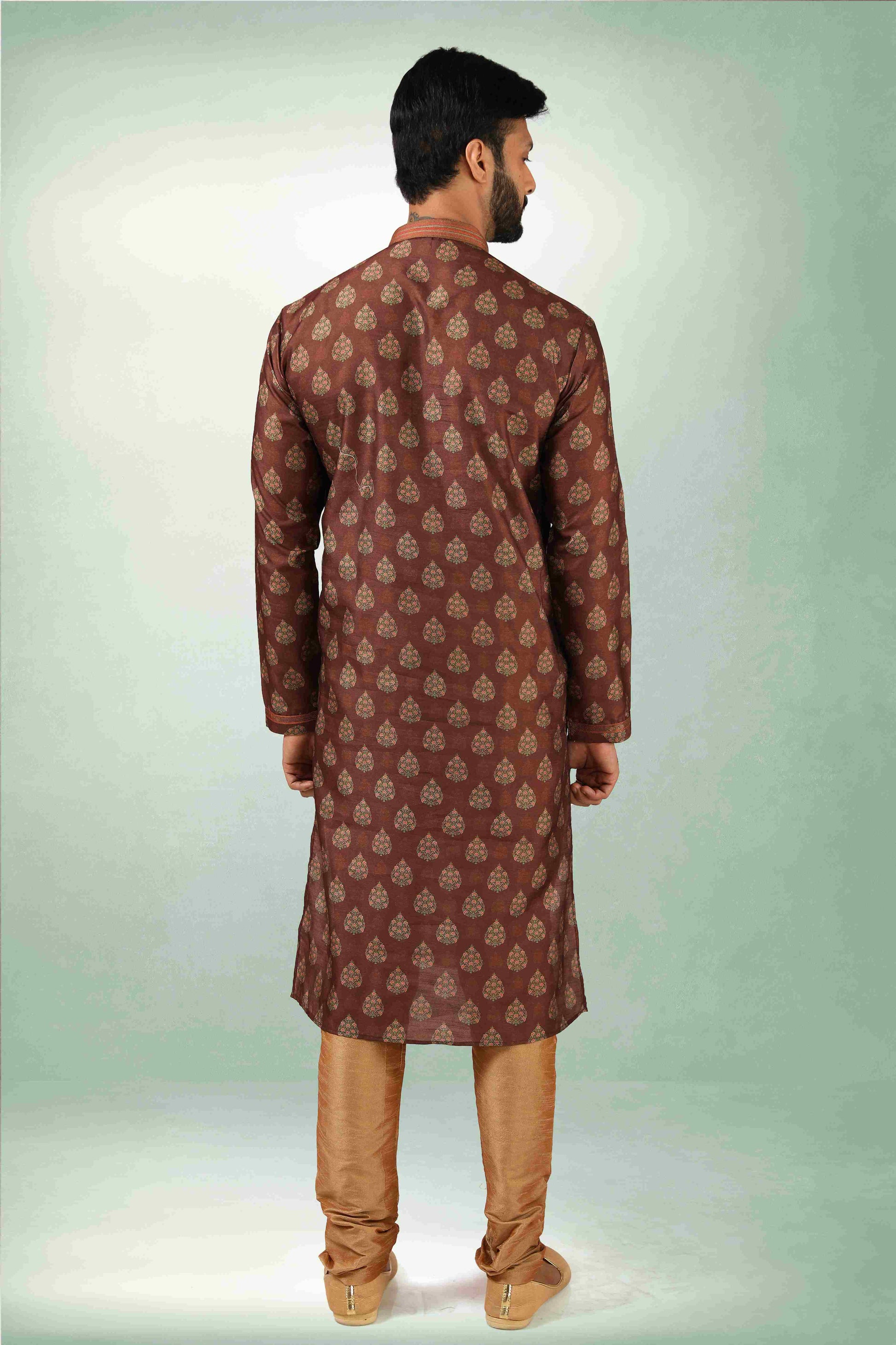 Raivat Ethnic Art Silk Printed Work Kurta Pajama In Brown Colour