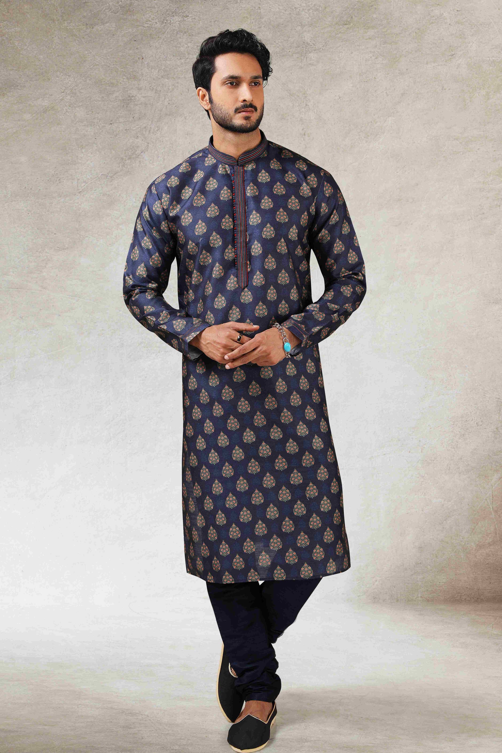 Raivat Ethnic Art Silk Printed Work Kurta Pajama In Blue Colour