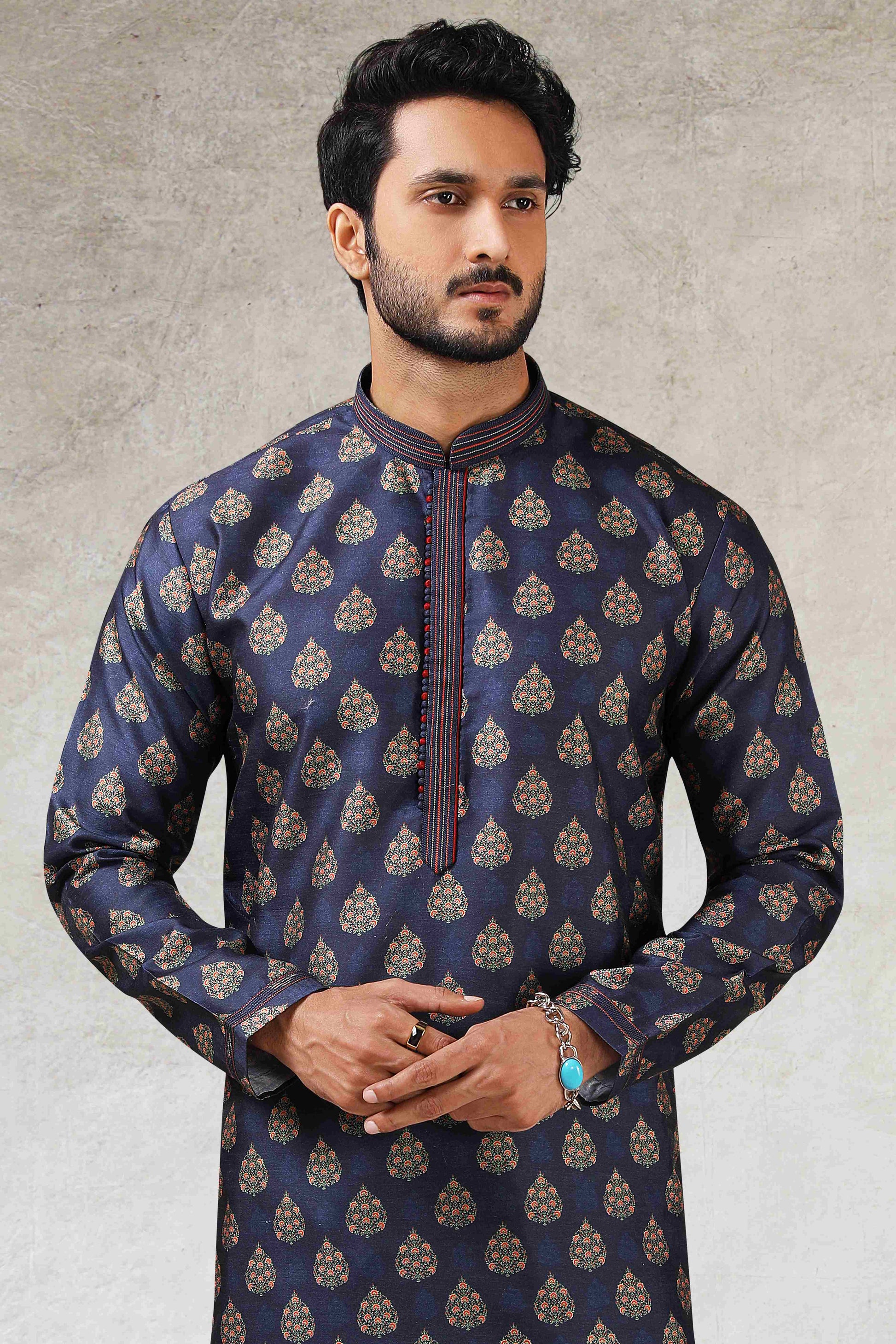 Raivat Ethnic Art Silk Printed Work Kurta Pajama In Blue Colour