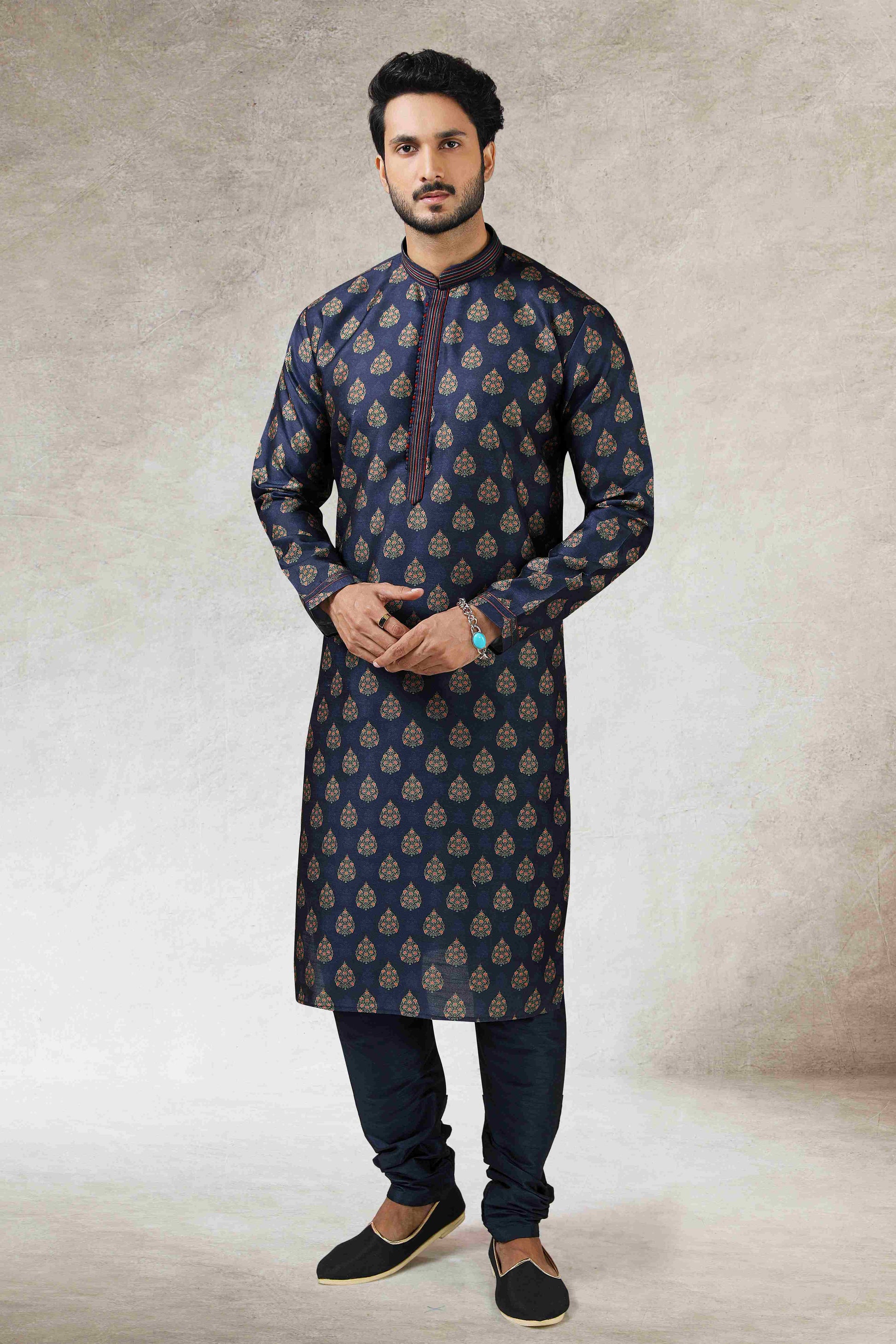 Raivat Ethnic Art Silk Printed Work Kurta Pajama In Blue Colour