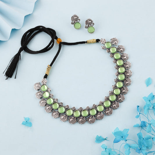 Tehzeeb Creations Silver Plated See Green Colour Stone Jewellery Choker Necklace Set With Matching Pair of Stud Earrings