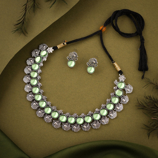 Tehzeeb Creations Silver Plated See Green Colour Stone Jewellery Choker Necklace Set With Matching Pair of Stud Earrings