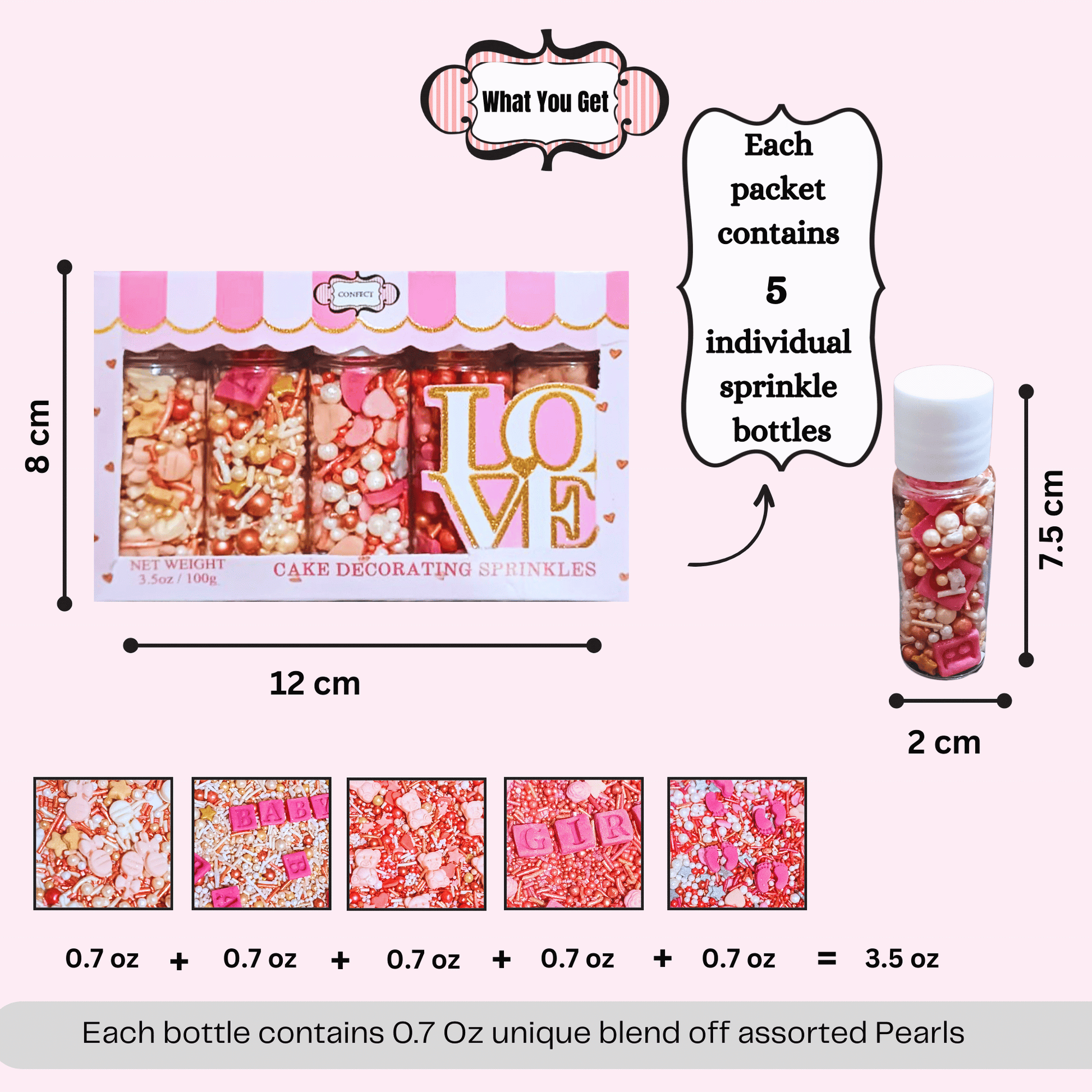 Confect Girls Baby Shower Sprinkles | Mix Silver, Gold & Blush pink Sprinkles Pack of 5