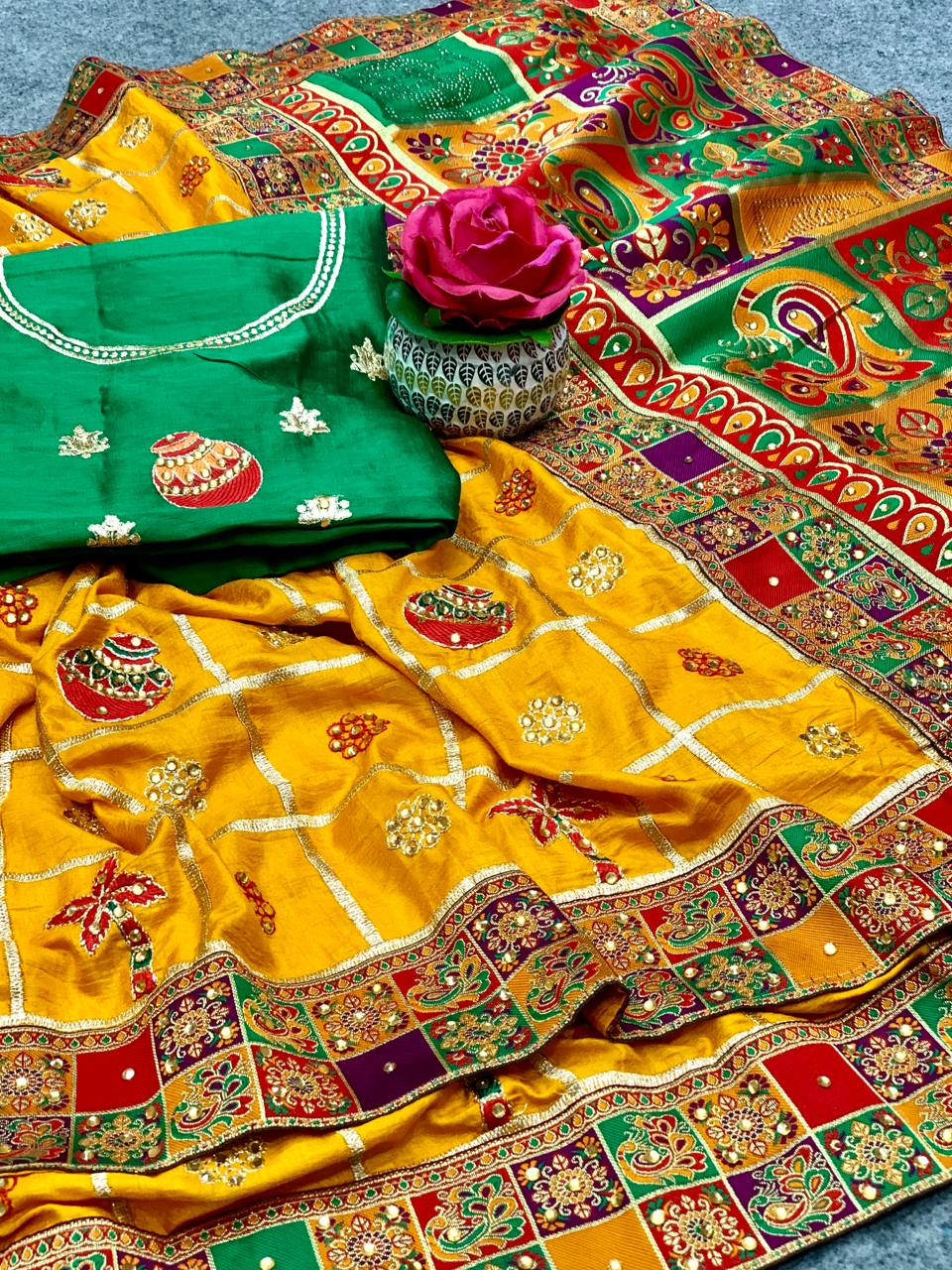 Lorenvalley Fashion Premium Yellow Dola Silk Embroidery and Diamond work with Jacquard Lace Border Grab2Buy 