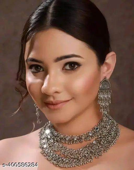 Tehzeeb Creations Women's Silver Colour Antique Necklace And Earrings With Mirror Work Tehzeeb Creations
