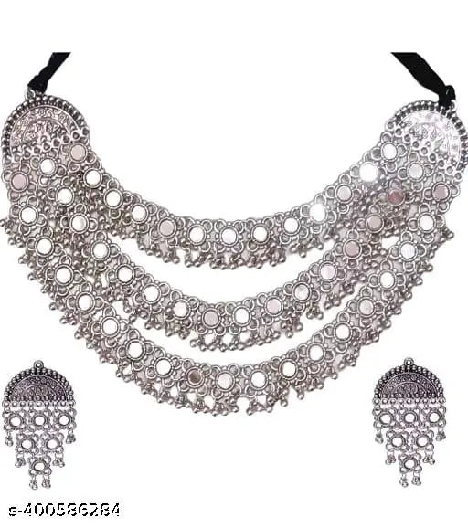 Tehzeeb Creations Women's Silver Colour Antique Necklace And Earrings With Mirror Work Tehzeeb Creations