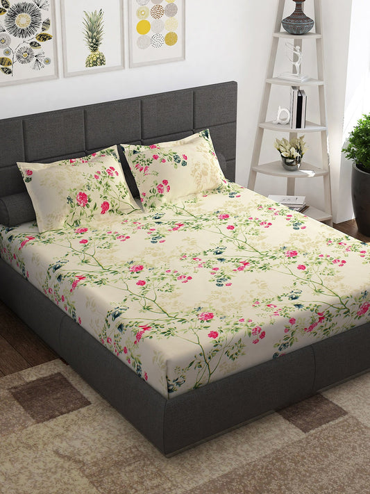 Story@home Ventura Cream & Green Floral 152 TC Cotton Queen Bedsheet with 2 Pillow Covers | Grab2Buy