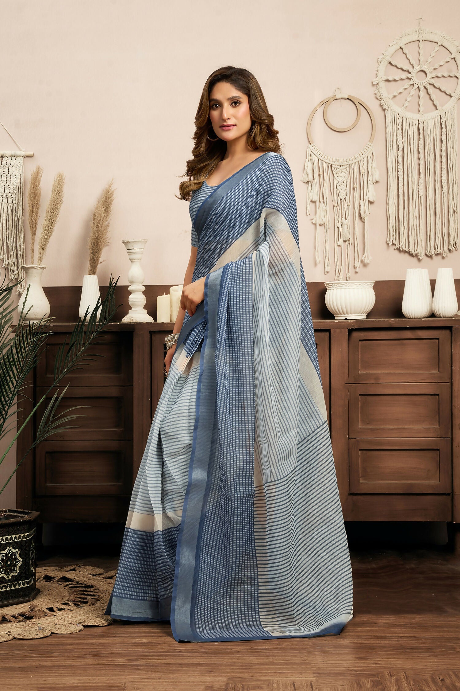 Joban Fashion Cream & Blue Striped Linen Ready To Wear Saree With Unstitched Blouse