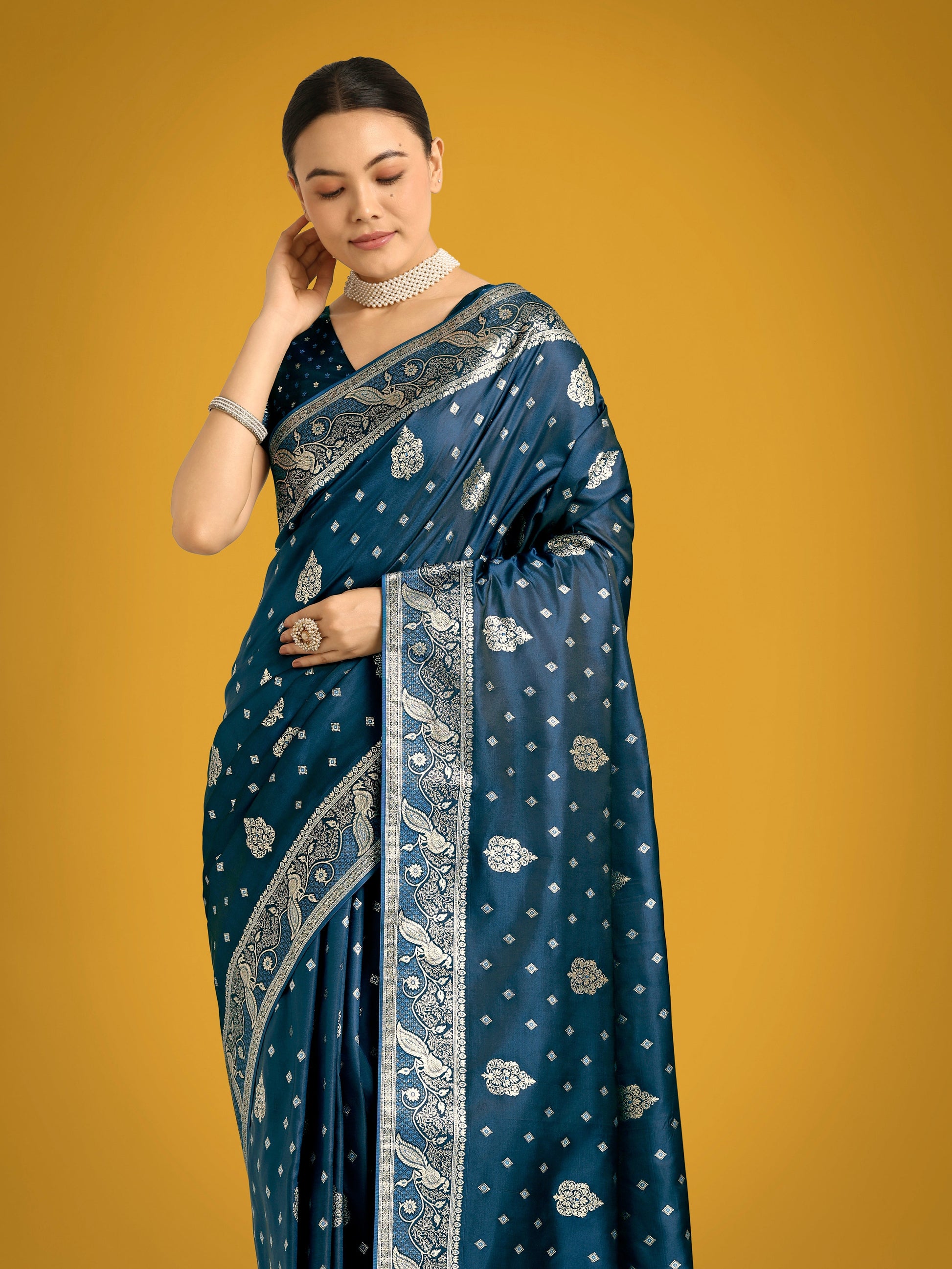Monjolika Fashion Traditional Aqua blue Woven Banarasi Satin Silk Saree | Swadesiicart