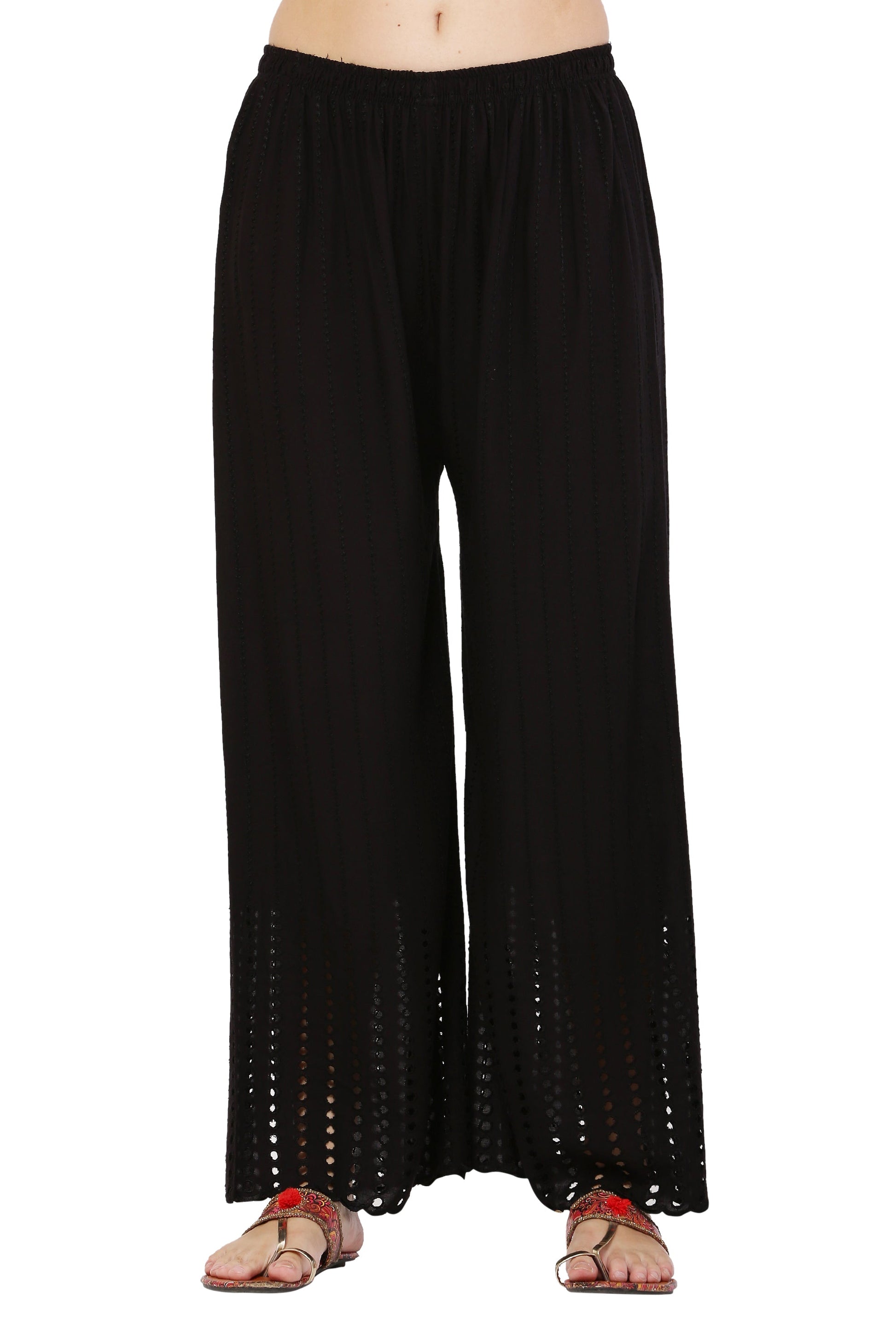 PAVONINE Black Color Goti Aari Work Rayon Fabric Palazzo For Women