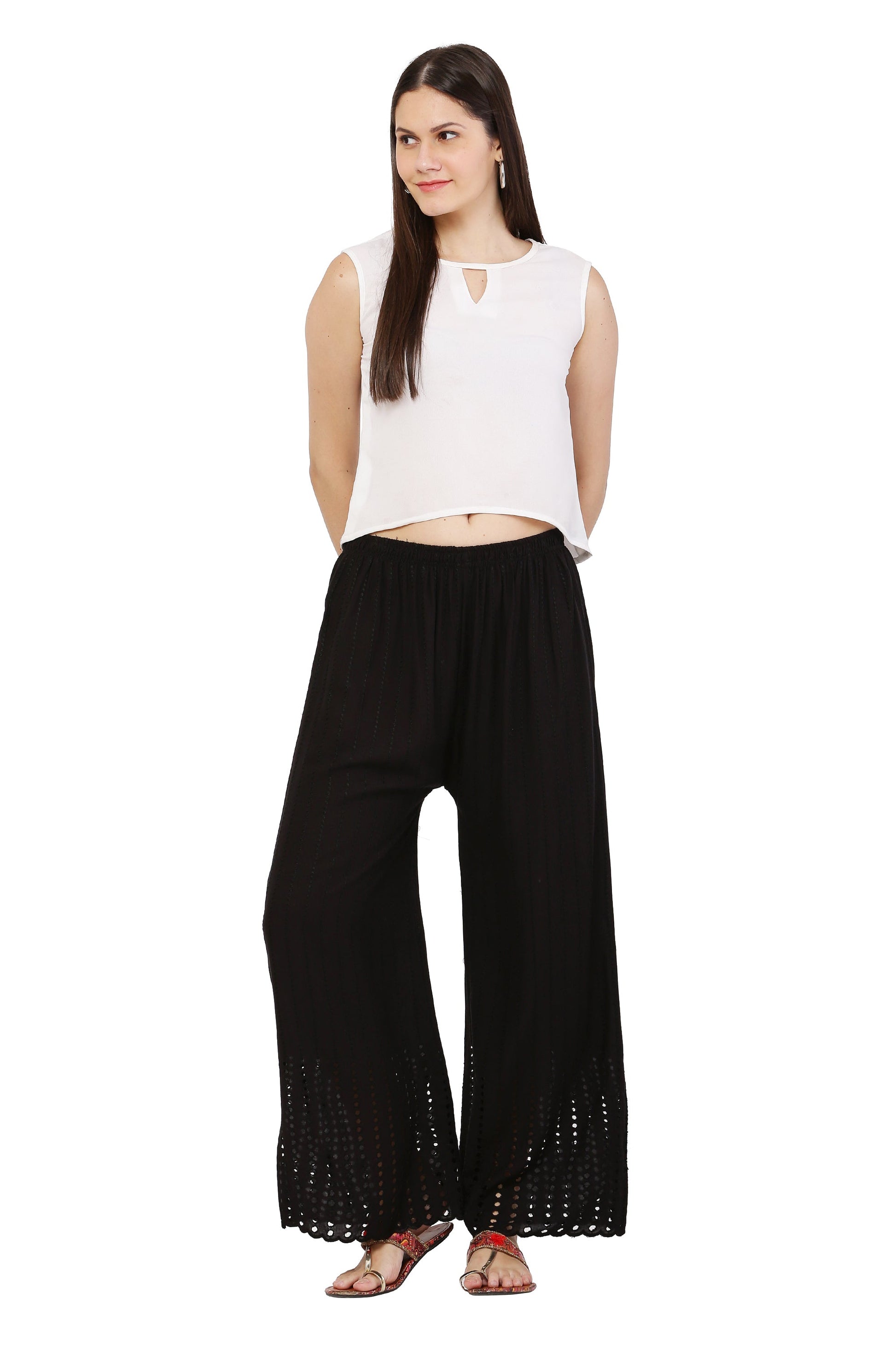 PAVONINE Black Color Goti Aari Work Rayon Fabric Palazzo For Women