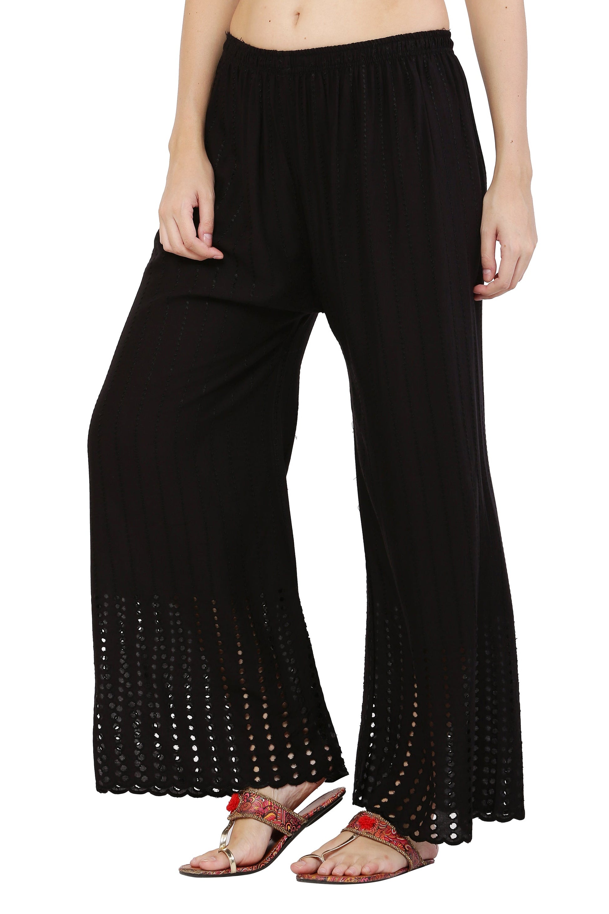 PAVONINE Black Color Goti Aari Work Rayon Fabric Palazzo For Women