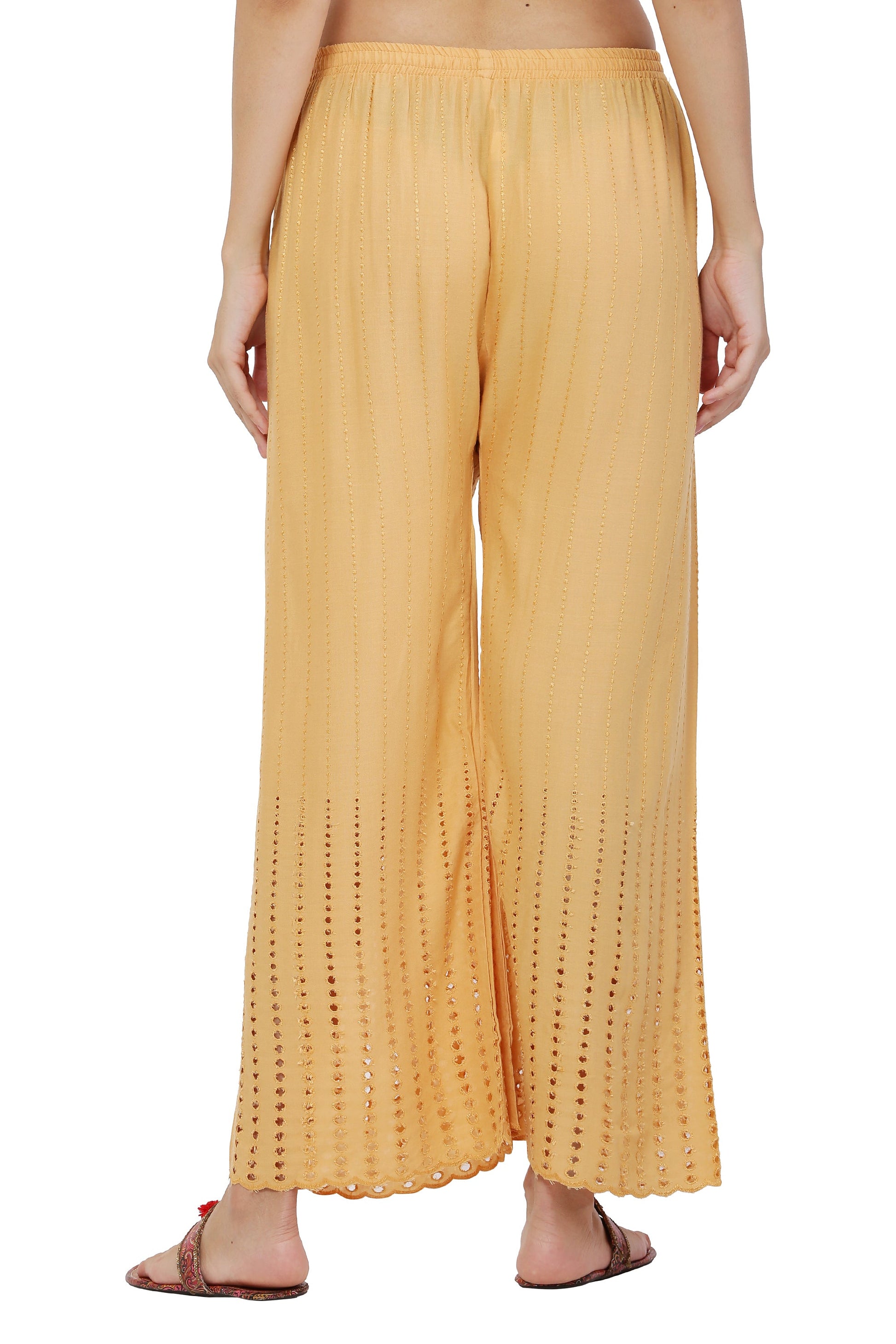 PAVONINE Beige Color Goti Aari Work Rayon Fabric Palazzo For Women