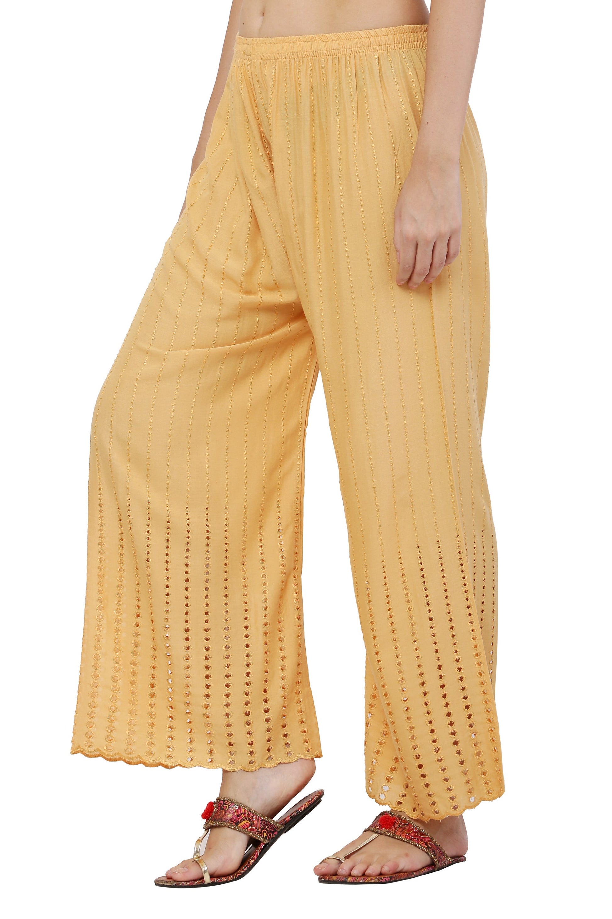 PAVONINE Beige Color Goti Aari Work Rayon Fabric Palazzo For Women