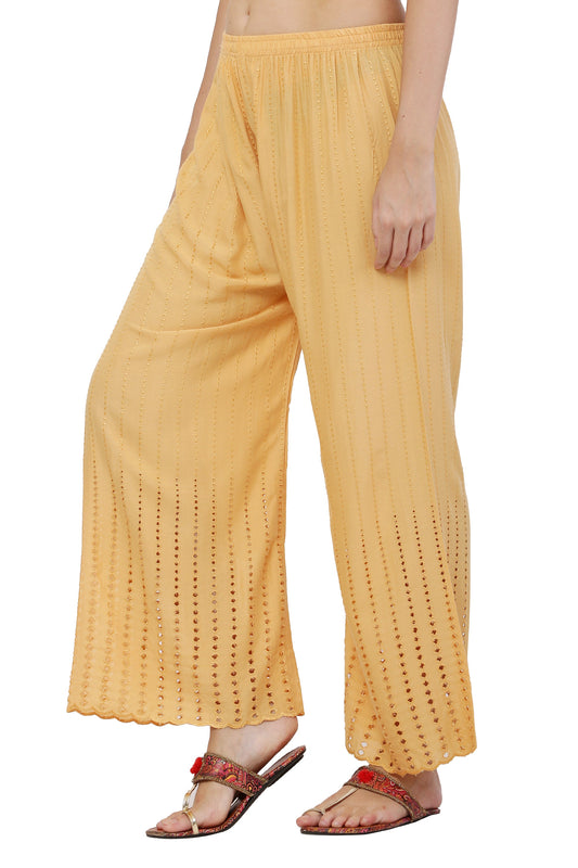 PAVONINE Beige Color Goti Aari Work Rayon Fabric Palazzo For Women