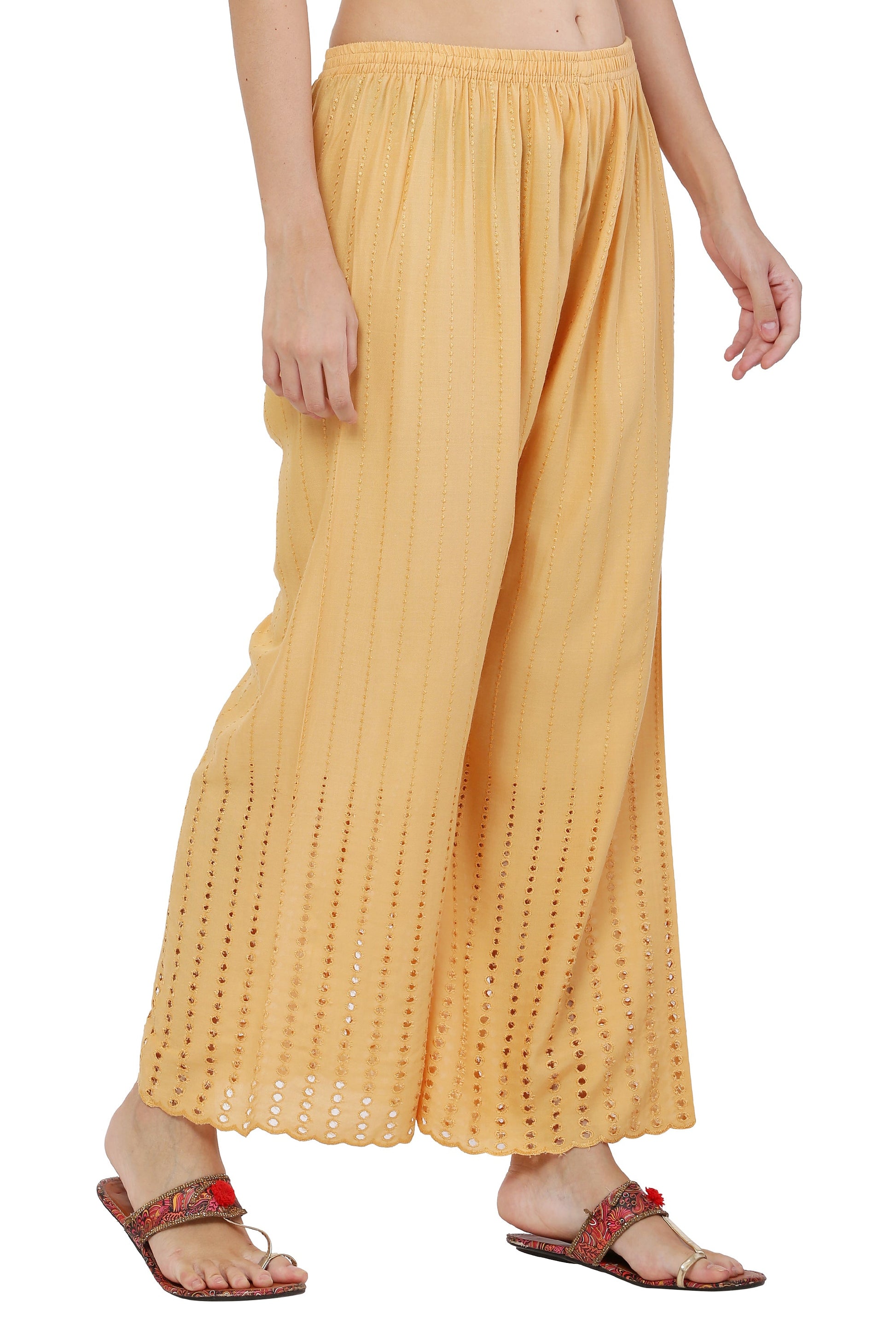 PAVONINE Beige Color Goti Aari Work Rayon Fabric Palazzo For Women