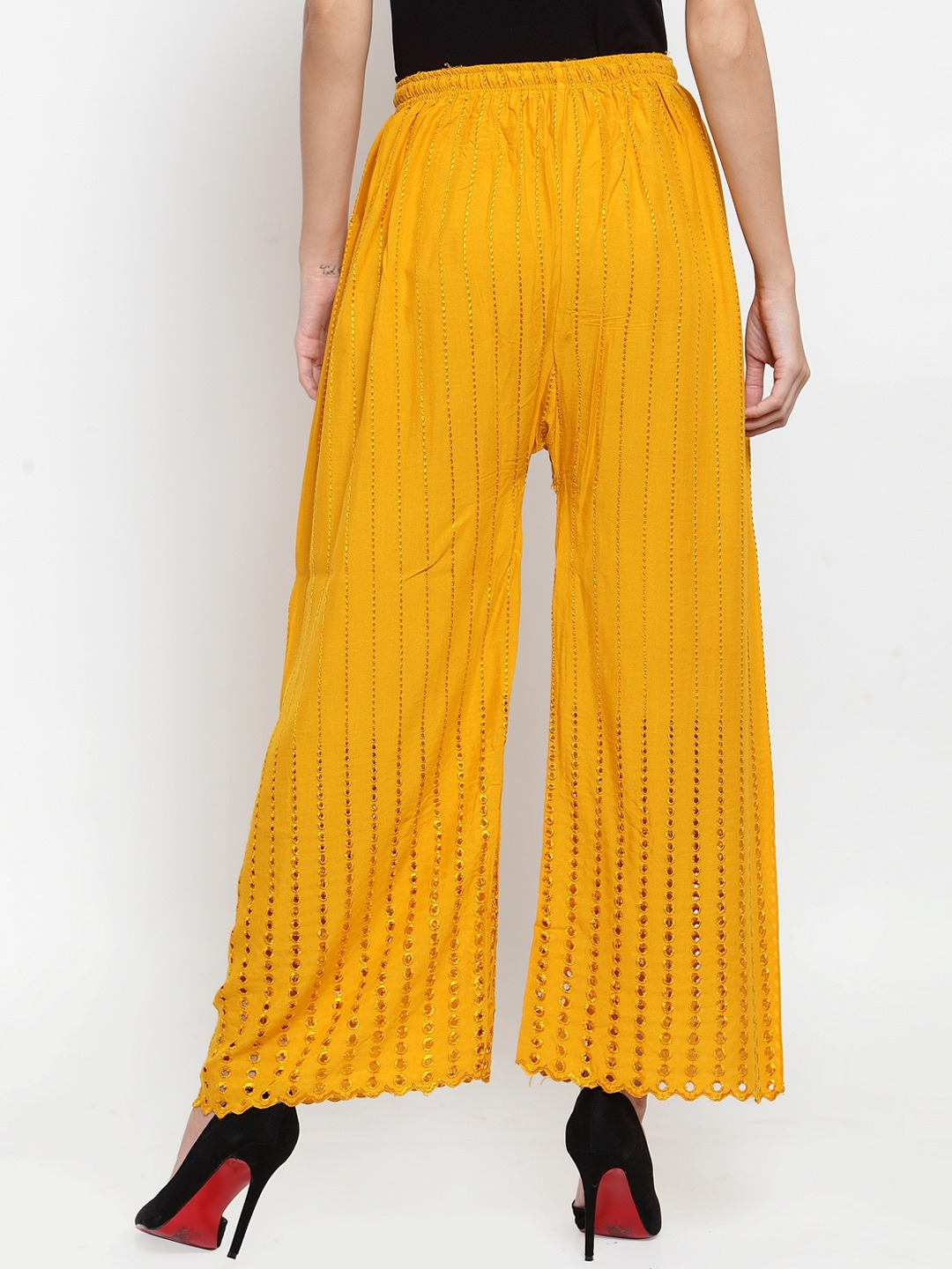 PAVONINE Mustard Color Goti Aari Work Rayon Fabric Palazzo For Women