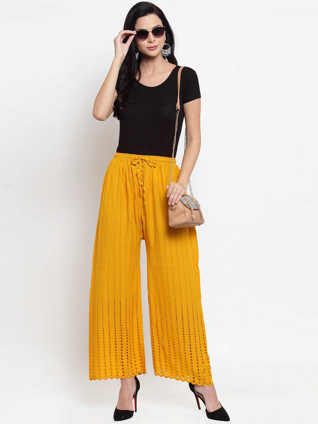 PAVONINE Mustard Color Goti Aari Work Rayon Fabric Palazzo For Women