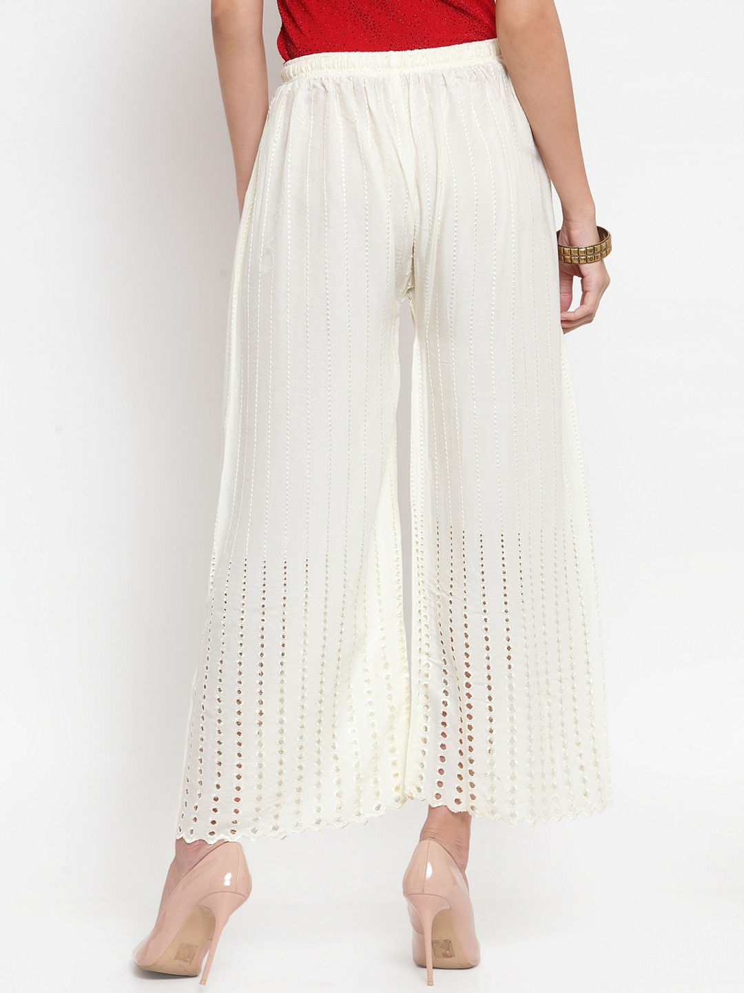 PAVONINE Off-White Color Goti Aari Work Rayon Fabric Palazzo For Women