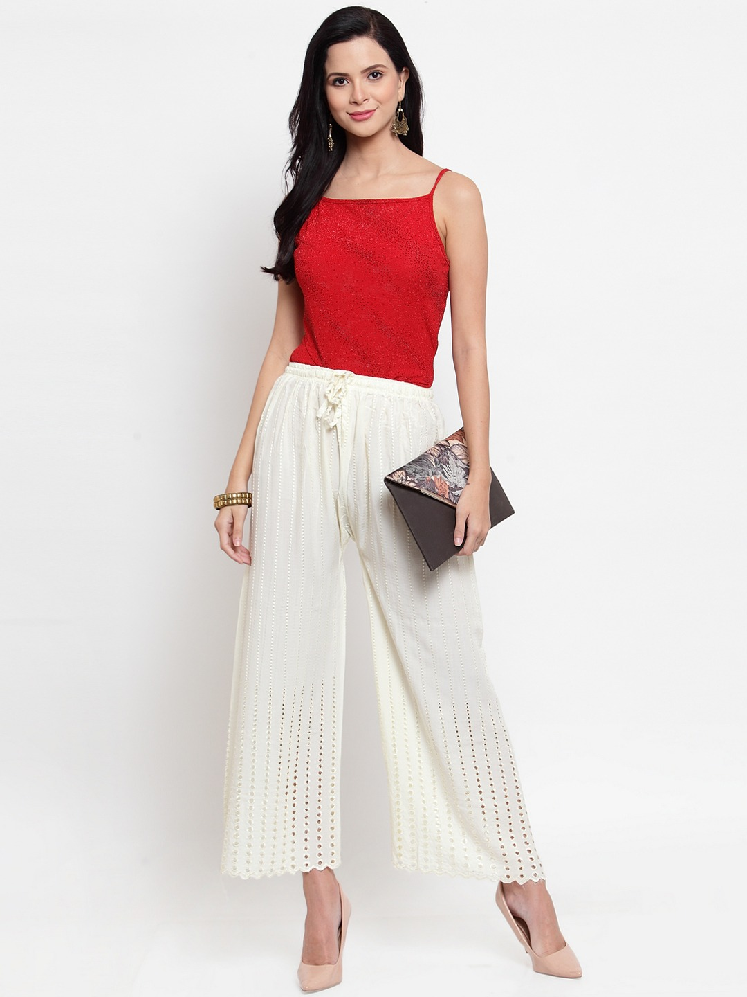 PAVONINE Off-White Color Goti Aari Work Rayon Fabric Palazzo For Women