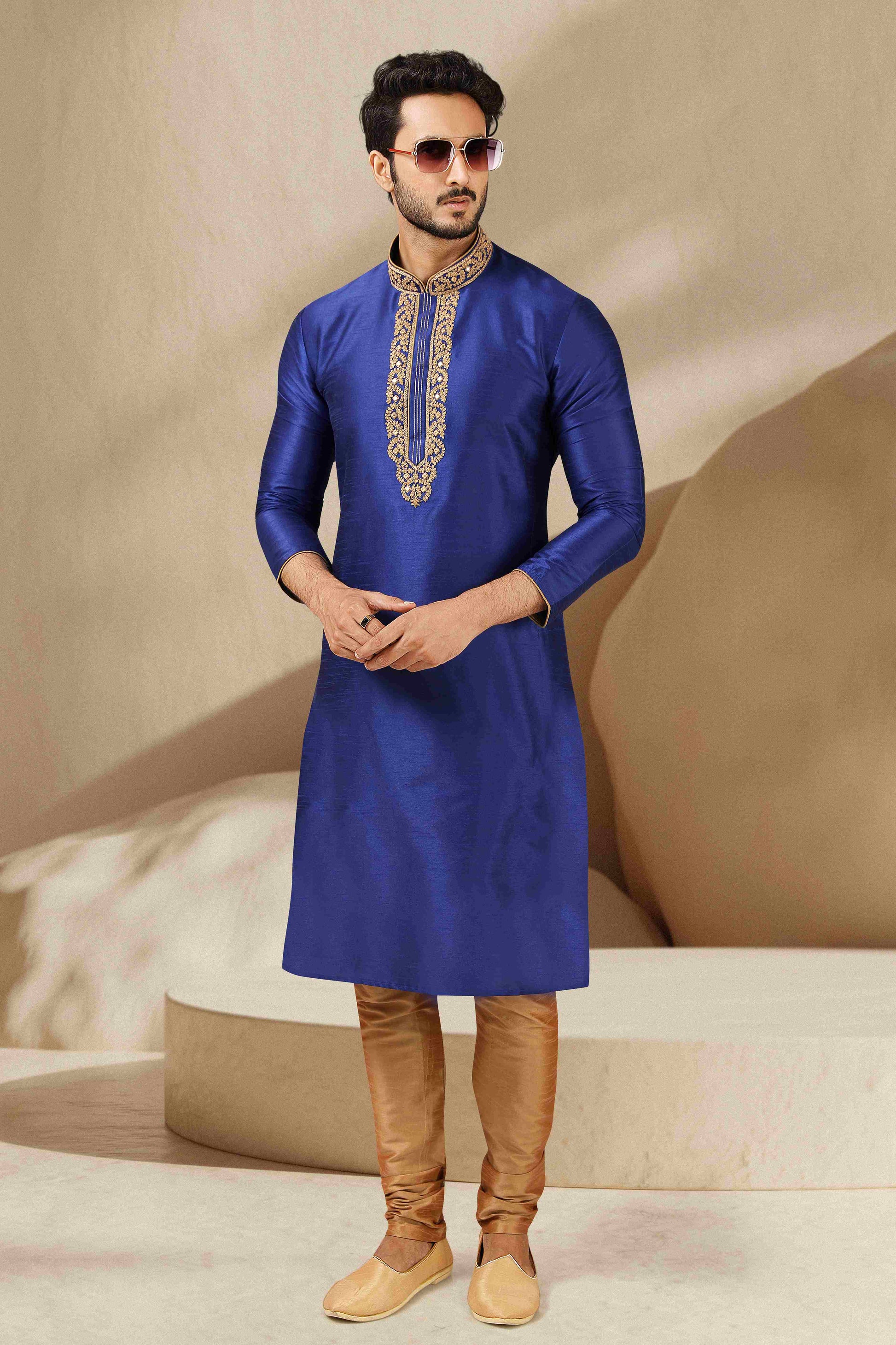 Raivat Ethnic Banarasi Art Silk Mirror Work Kurta Pajama In Blue Colour