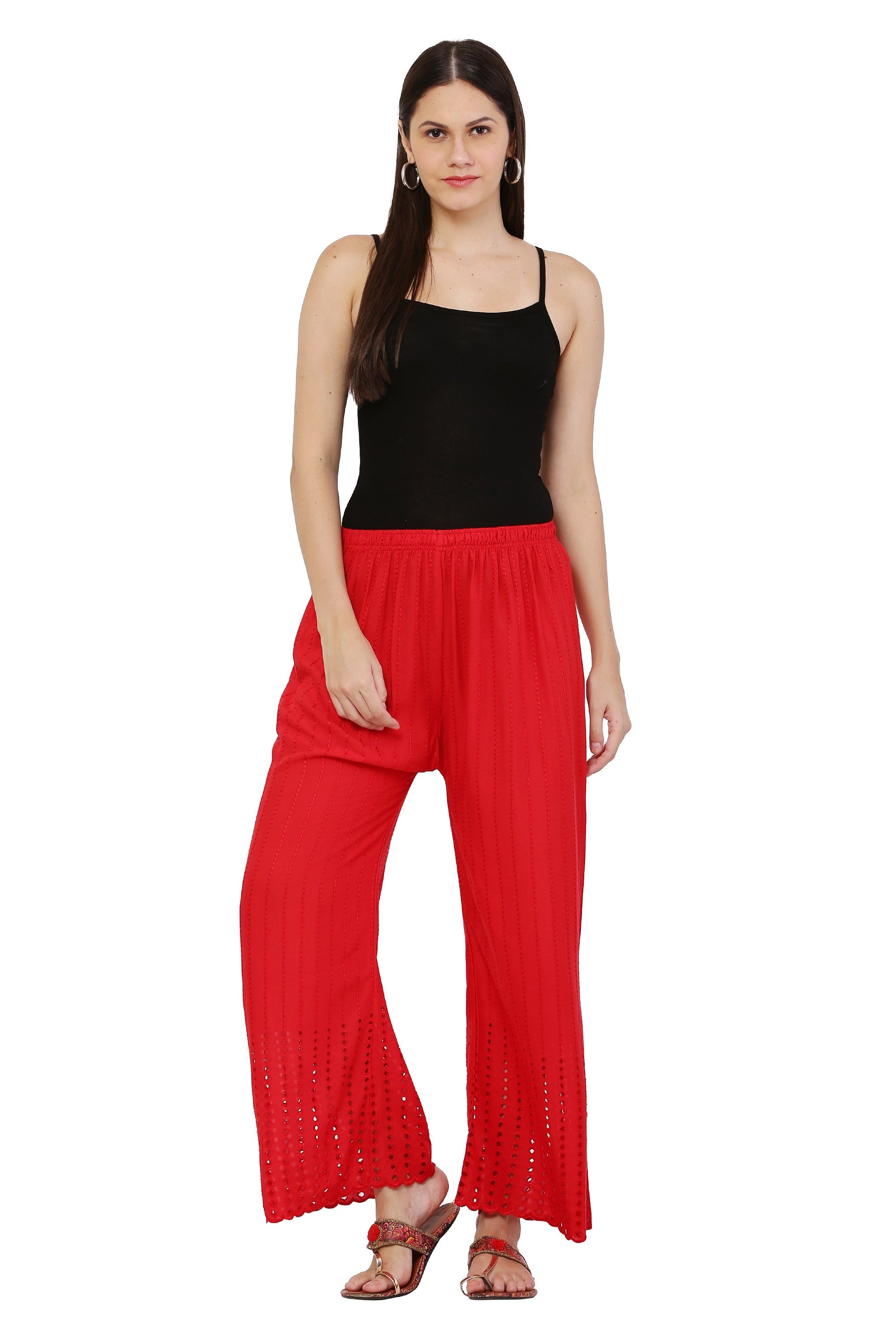 PAVONINE Red Color Goti Aari Work Rayon Fabric Palazzo For Women