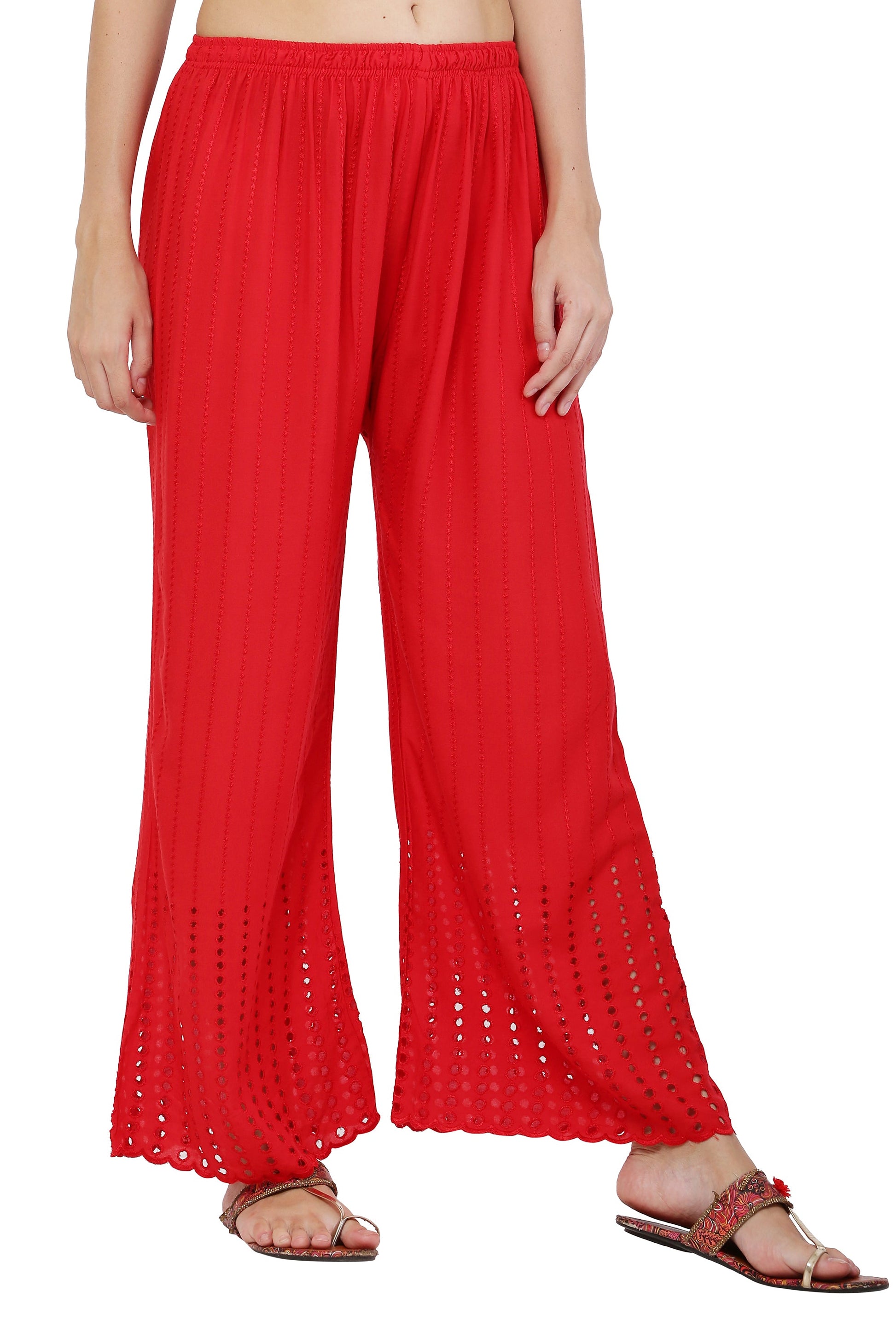 PAVONINE Red Color Goti Aari Work Rayon Fabric Palazzo For Women