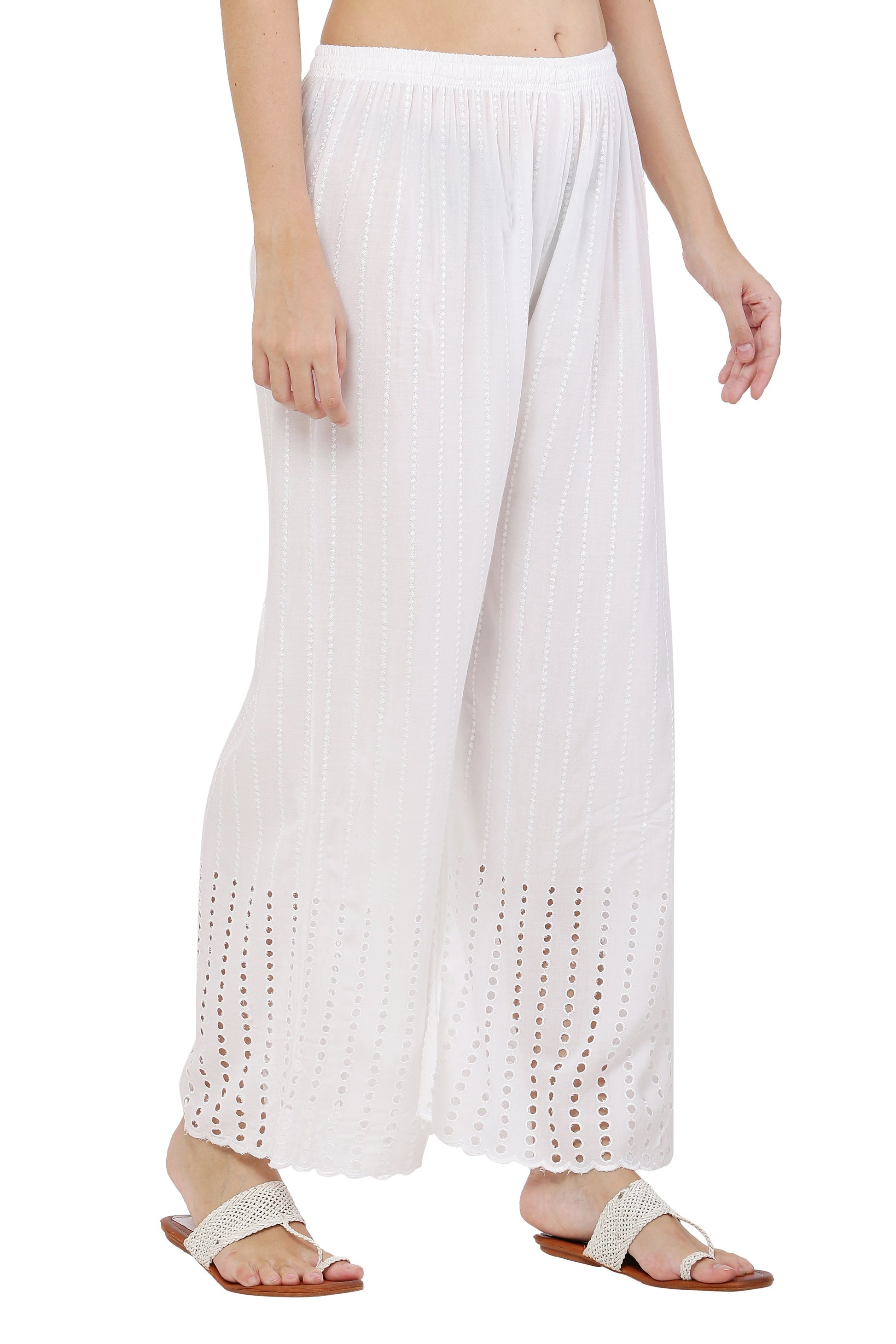 PAVONINE White Color Goti Aari Work Rayon Fabric Palazzo For Women
