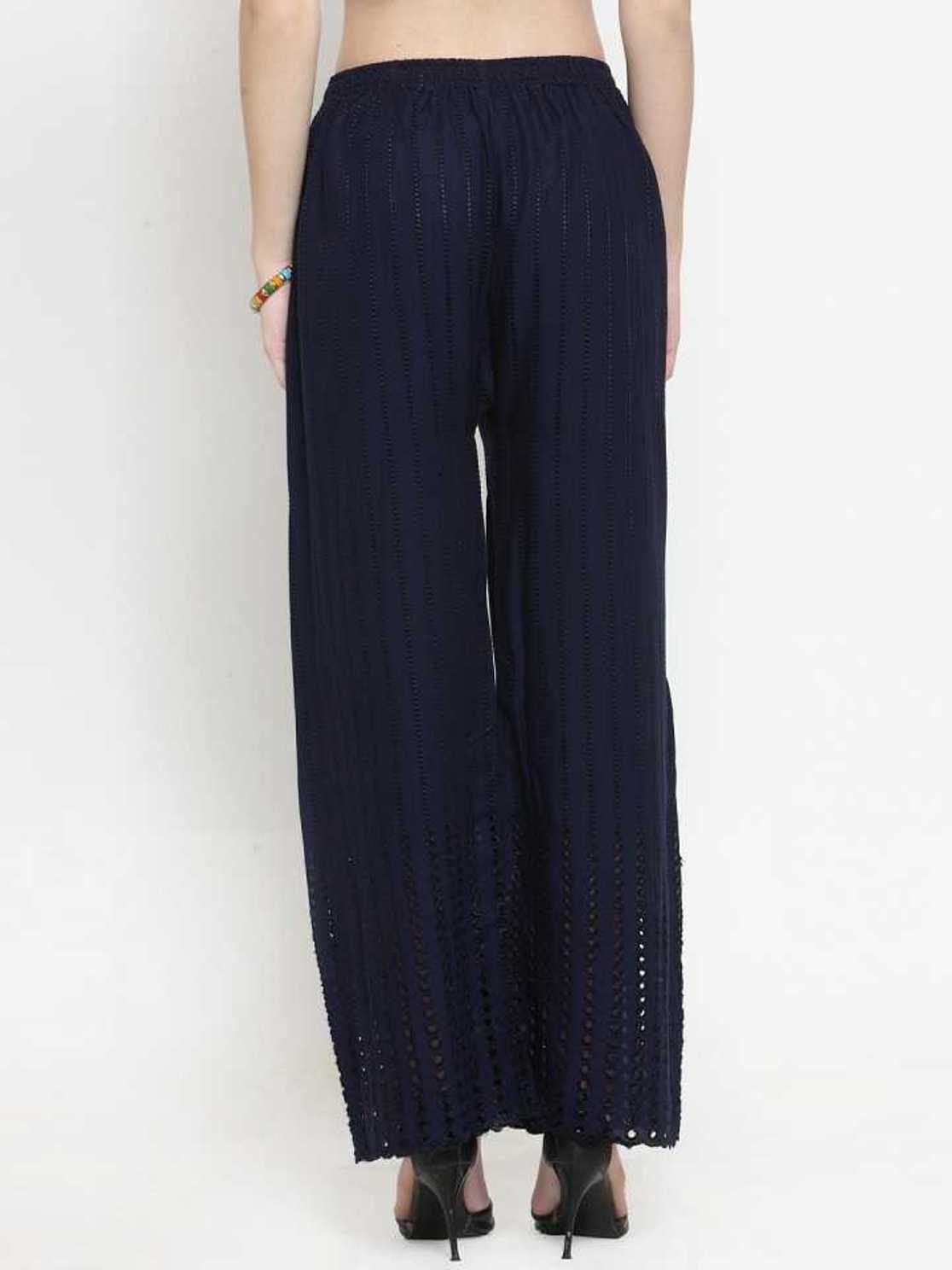 PAVONINE Navy Blue Color Goti Aari Work Rayon Fabric Palazzo For Women