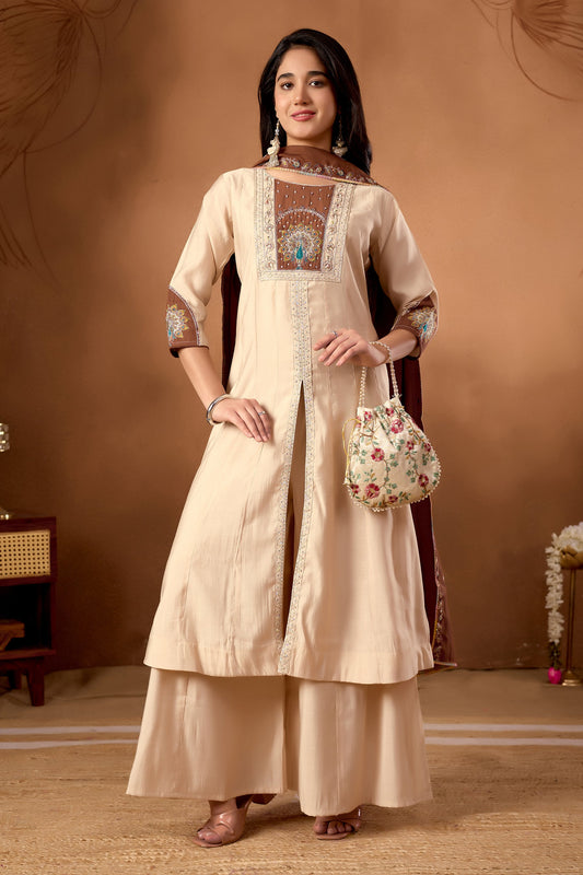 Lorenvalley Fashion Cream Roman Silk Multi Embroidery Thread With Beautiful Hand Work Kurta Palazzo Dupatta