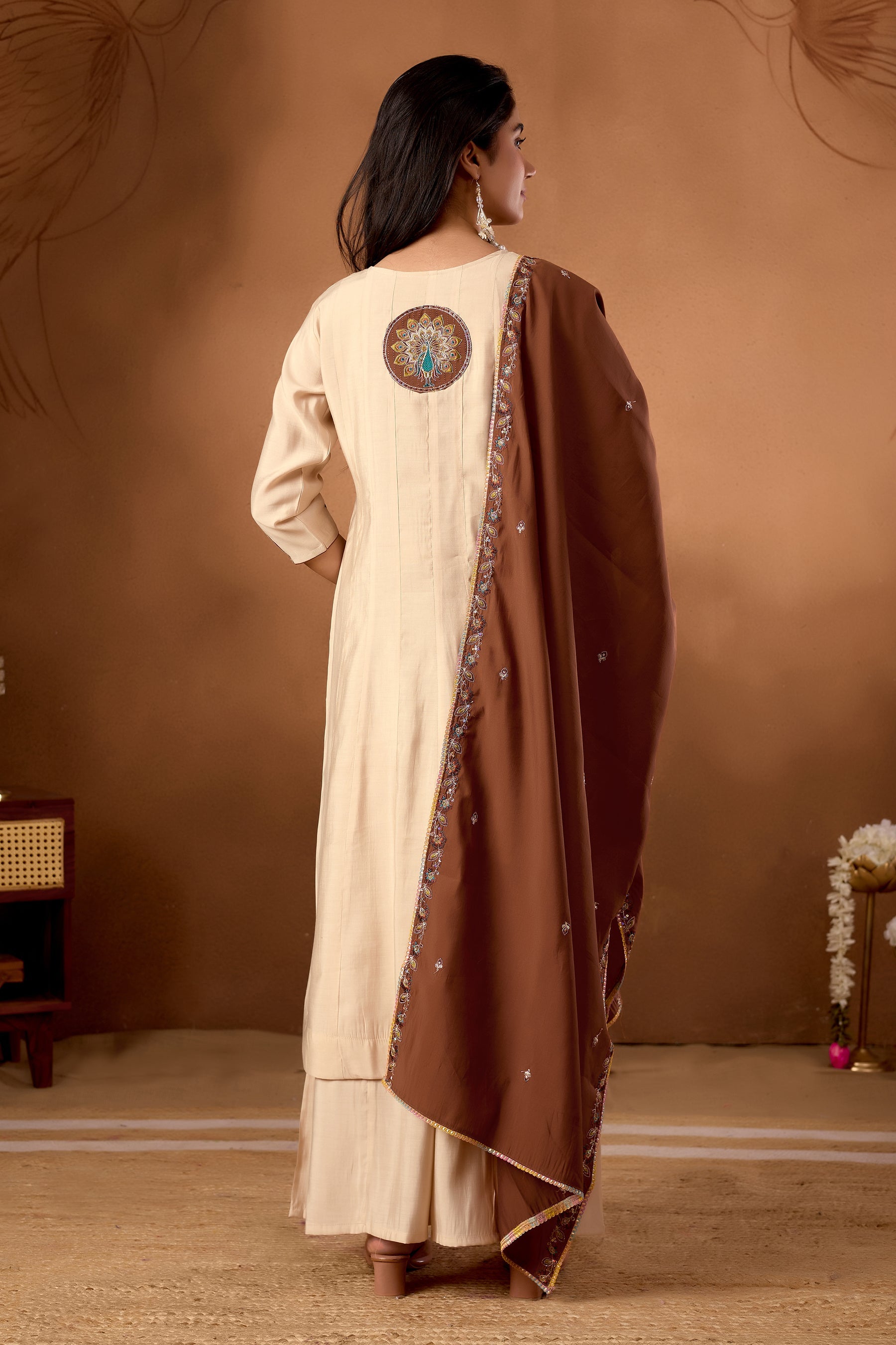 Lorenvalley Fashion Cream Roman Silk Multi Embroidery Thread With Beautiful Hand Work Kurta Palazzo Dupatta
