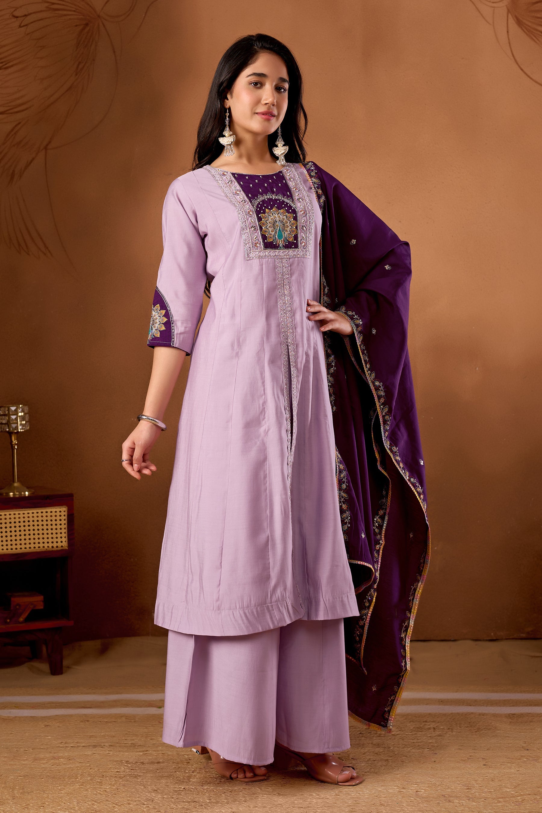 Lorenvalley Fashion Lavender Roman Silk Multi Embroidery Thread With Beautiful Hand Work Kurta Palazzo Dupatta