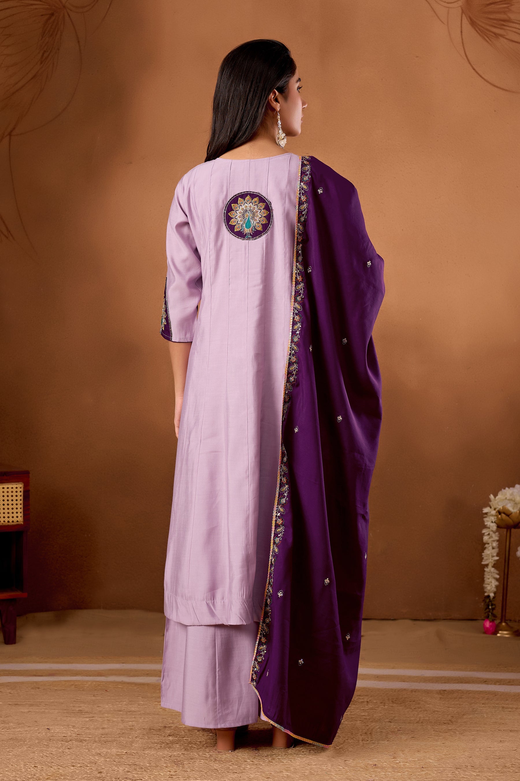 Lorenvalley Fashion Lavender Roman Silk Multi Embroidery Thread With Beautiful Hand Work Kurta Palazzo Dupatta