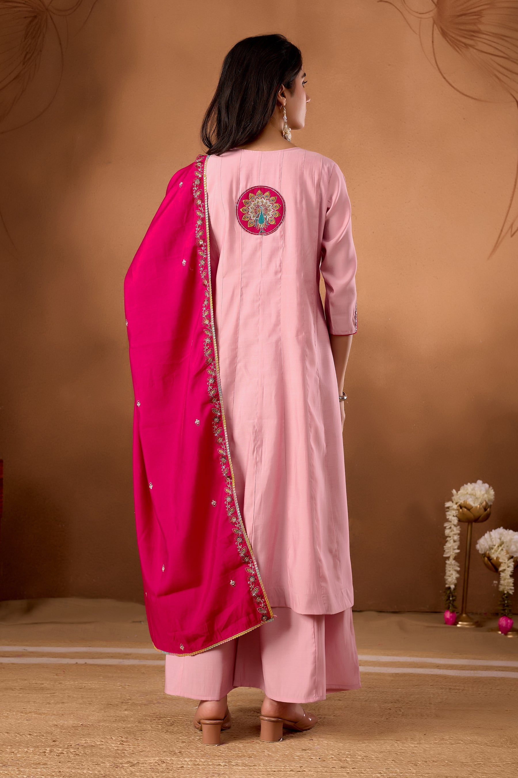 Lorenvalley Fashion Pink Roman Silk Multi Embroidery Thread With Beautiful Hand Work Kurta Palazzo Dupatta