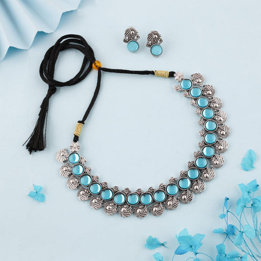 Tehzeeb Creations Silver Plated Sky Blue Colour Stone Jewellery Choker Necklace Set With Matching Pair of Stud Earrings