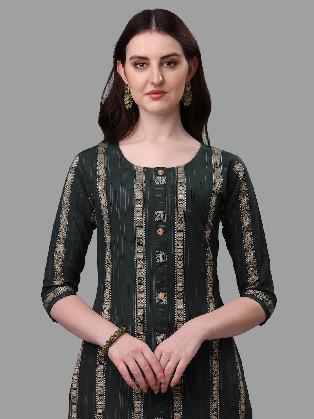 HERE&NOW Green Striped Pure Cotton Kurta With Trousers & Dupatta