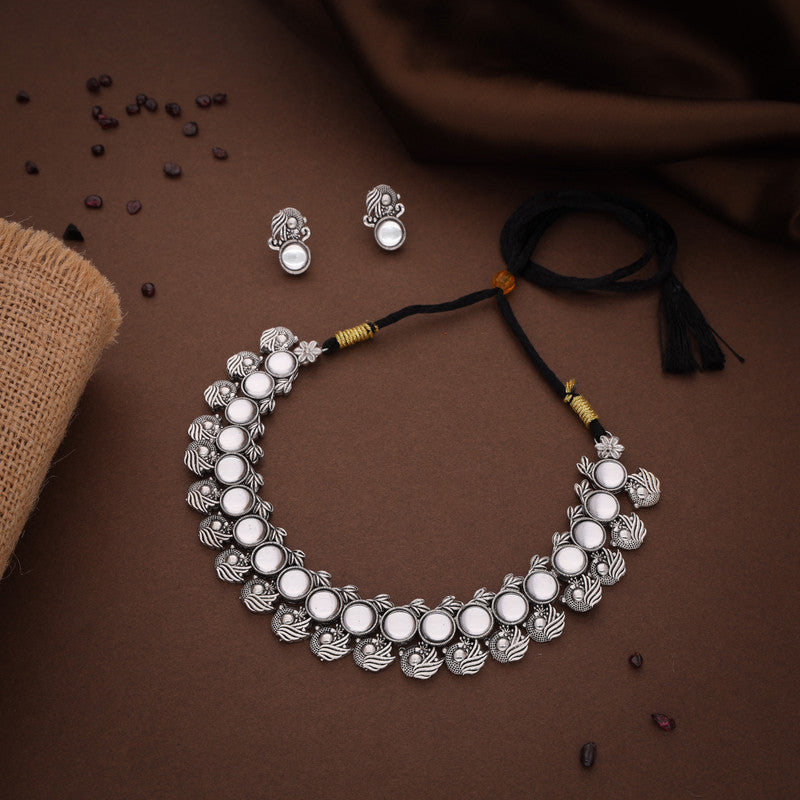 Tehzeeb Creations Silver Plated White Colour Stone Jewellery Choker Necklace Set With Matching Pair of Stud Earrings Tehzeeb Creations