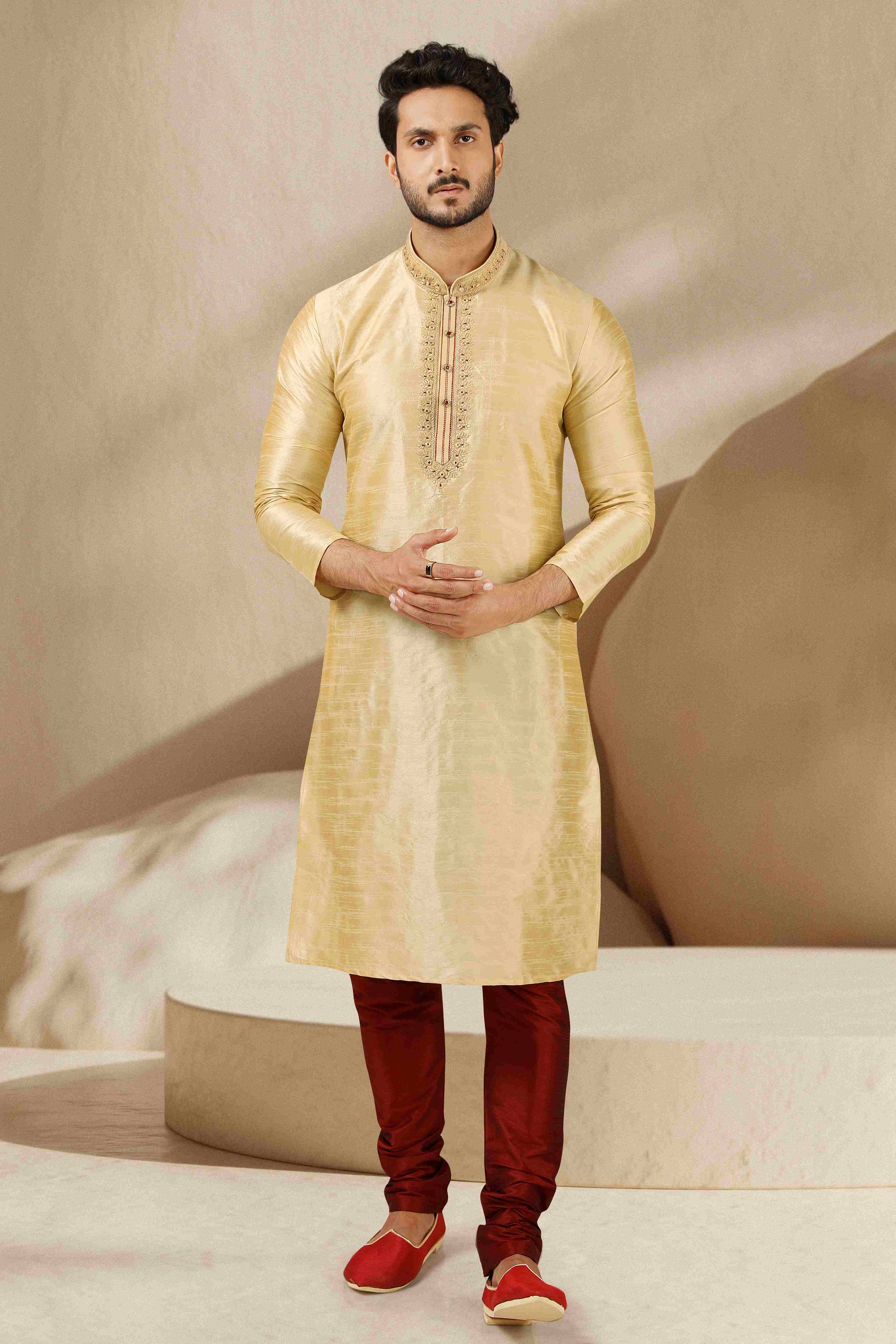 Raivat Ethnic Banarasi Art Silk Mirror Work Kurta Pajama In Beige Gold Colour