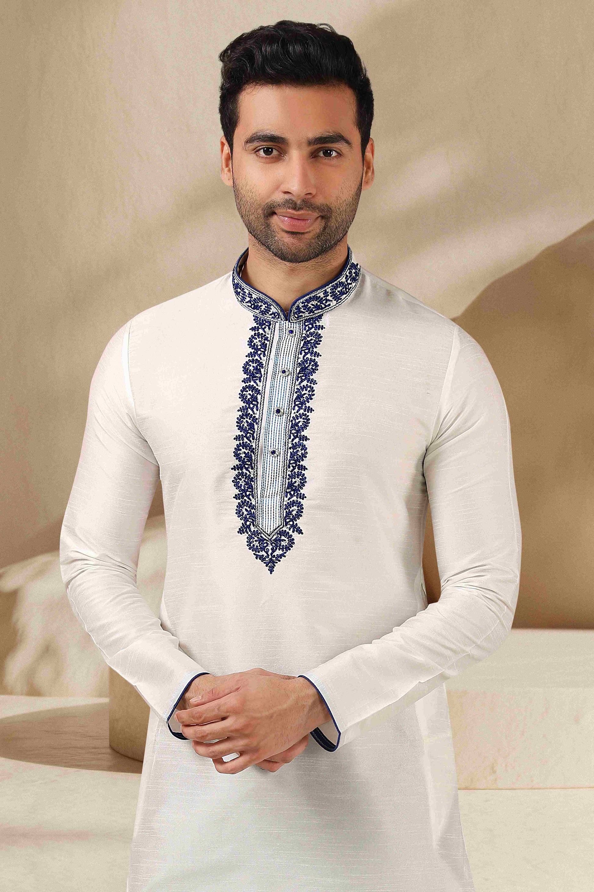 Raivat Ethnic Banarasi Art Silk Thread Work Kurta Pajama In Off White Colour