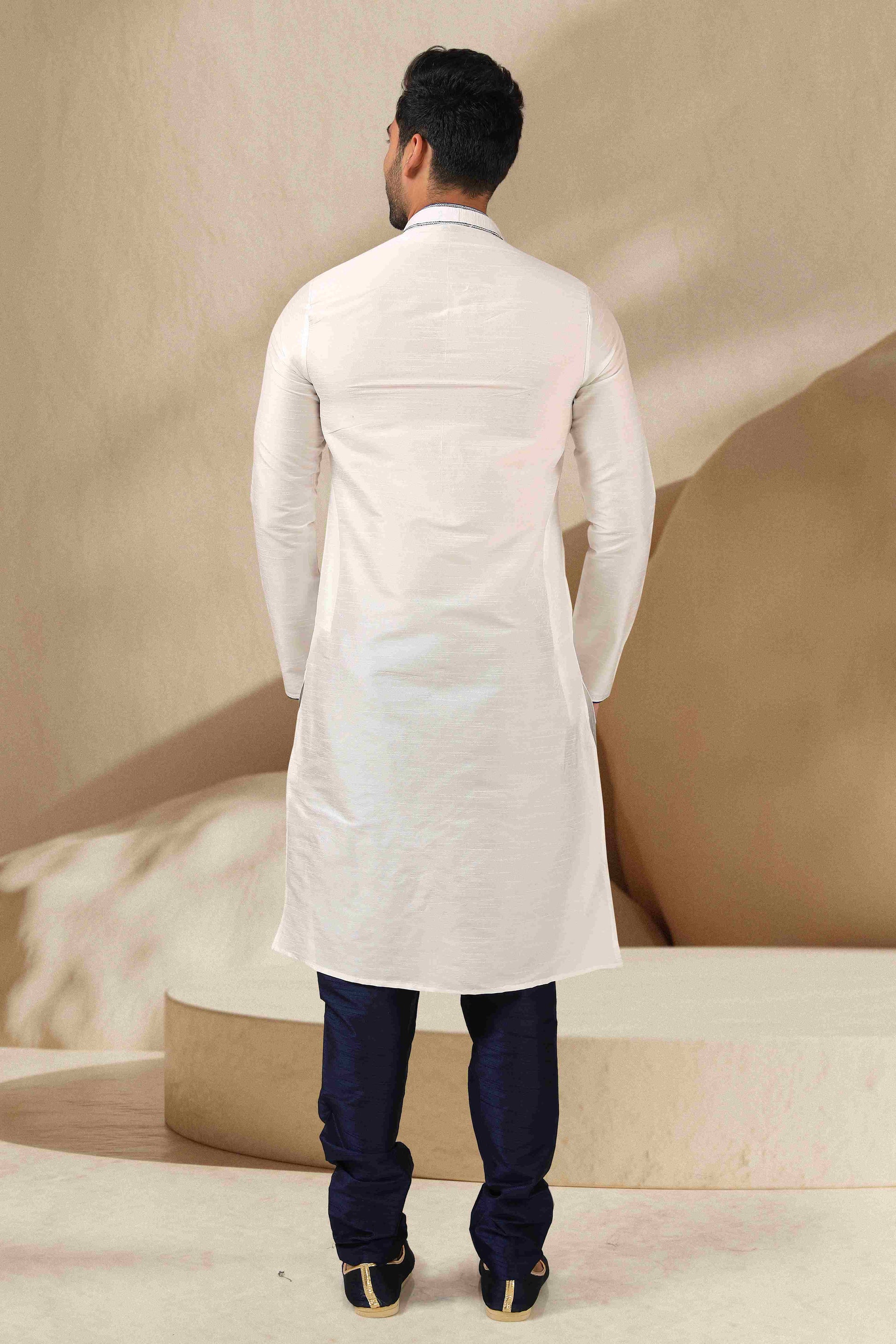 Raivat Ethnic Banarasi Art Silk Thread Work Kurta Pajama In Off White Colour